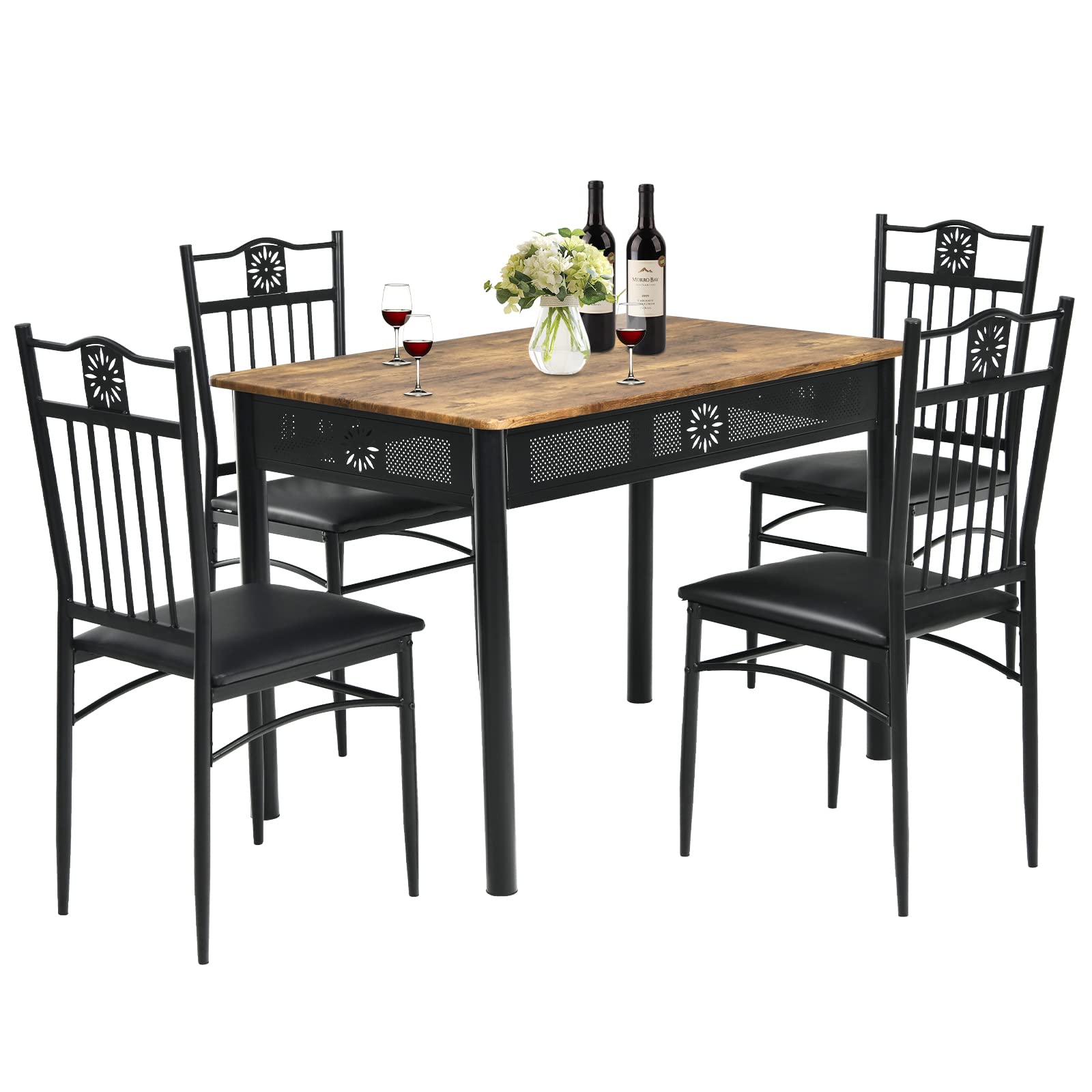 COSTWAY 5 Pieces Dining Table Set, Modern Kitchen Table Set for 4 Person, 42Ó Rectangular Table w/ 4 Upholstered Chairs, Bistro Table Set for Home, Coffee Shop & Restaurant (Black)