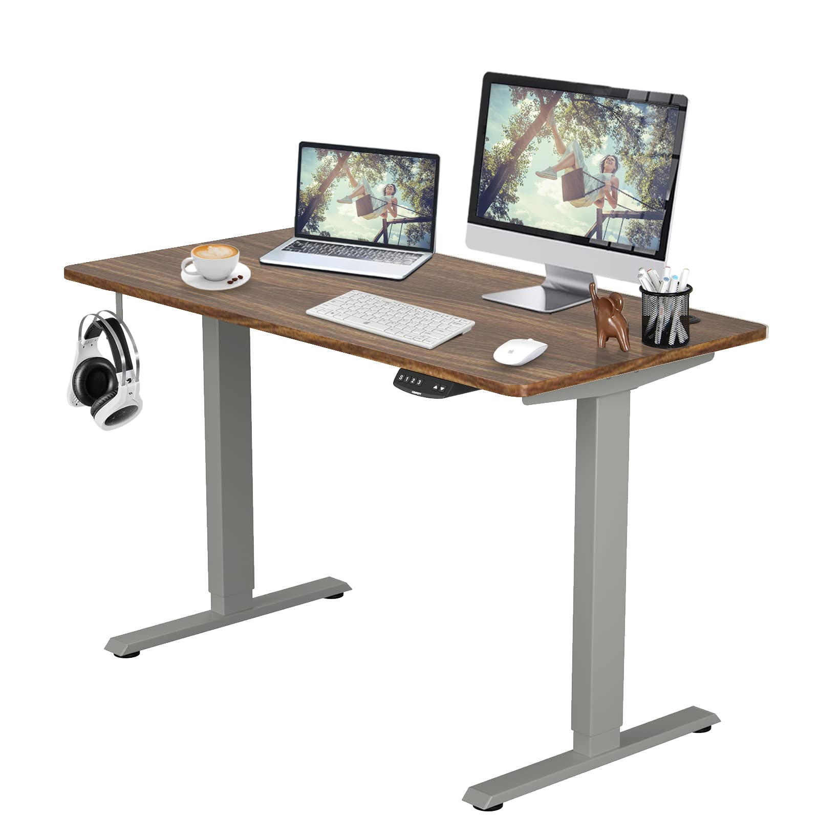 COSTWAY Dual Motor Electric Stand Up Desk, Height Adjustable Standing Desk w/Solid One-Piece Desktop & Memory Controller, Home Office Sit-to-Stand Computer Workstation (Gray + Walnut, 48''X24'')