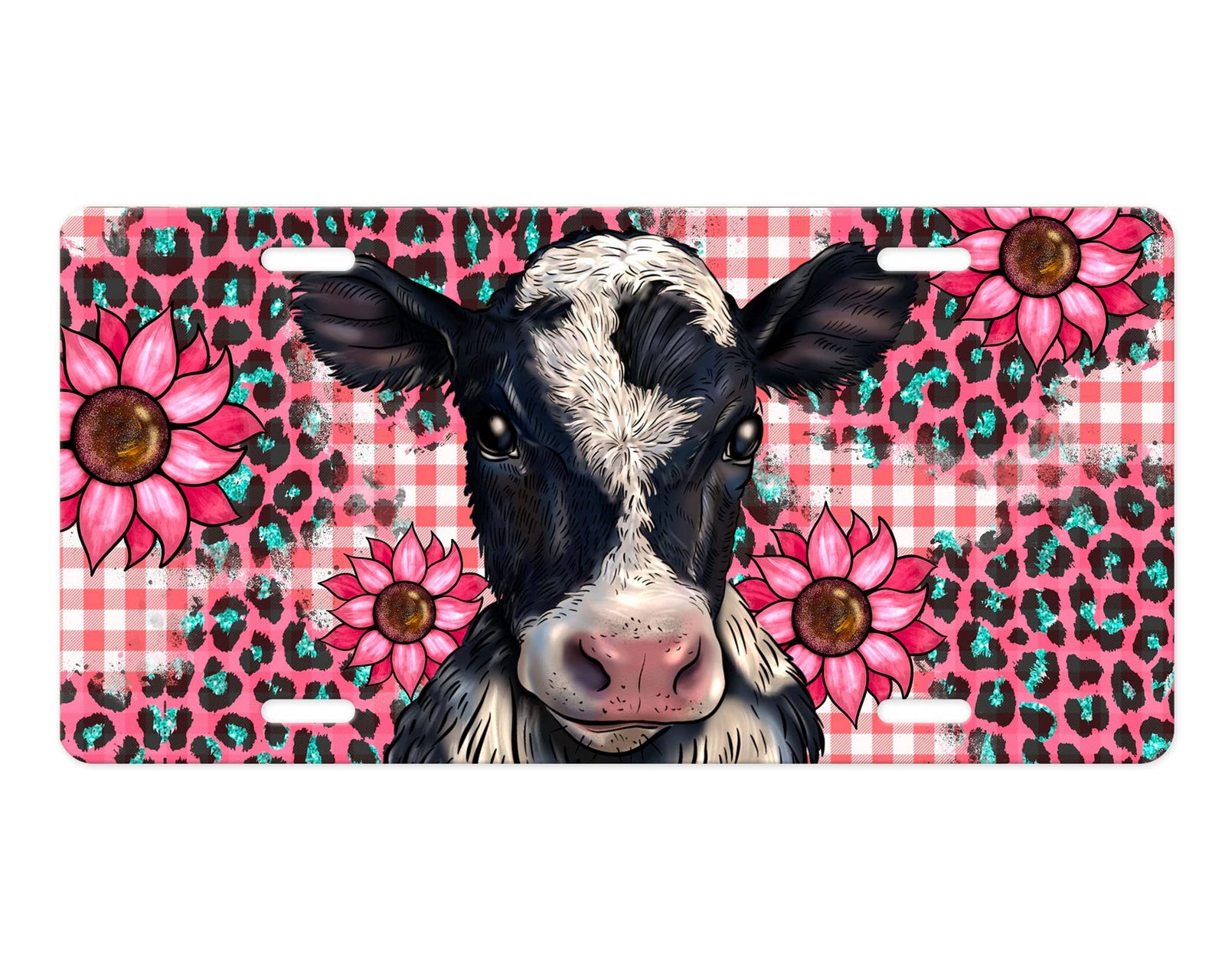 Vanity Decorative Aluminum Front License Plate (Black White Cow on Pink)