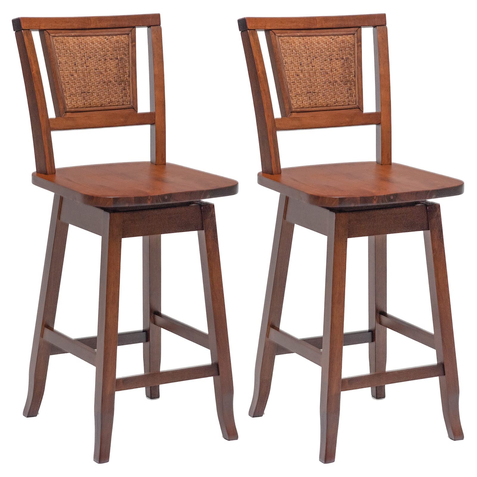 COSTWAY Bar Stools Set of 2, 24.5 Inch Counter Height Bar Stool with Rattan Back, 360¡Swivel Seat, Comfortable Footrests, Rubber Wood Bar Stools for Kitchen Island, Dining Room, Cafe, Pub (2)