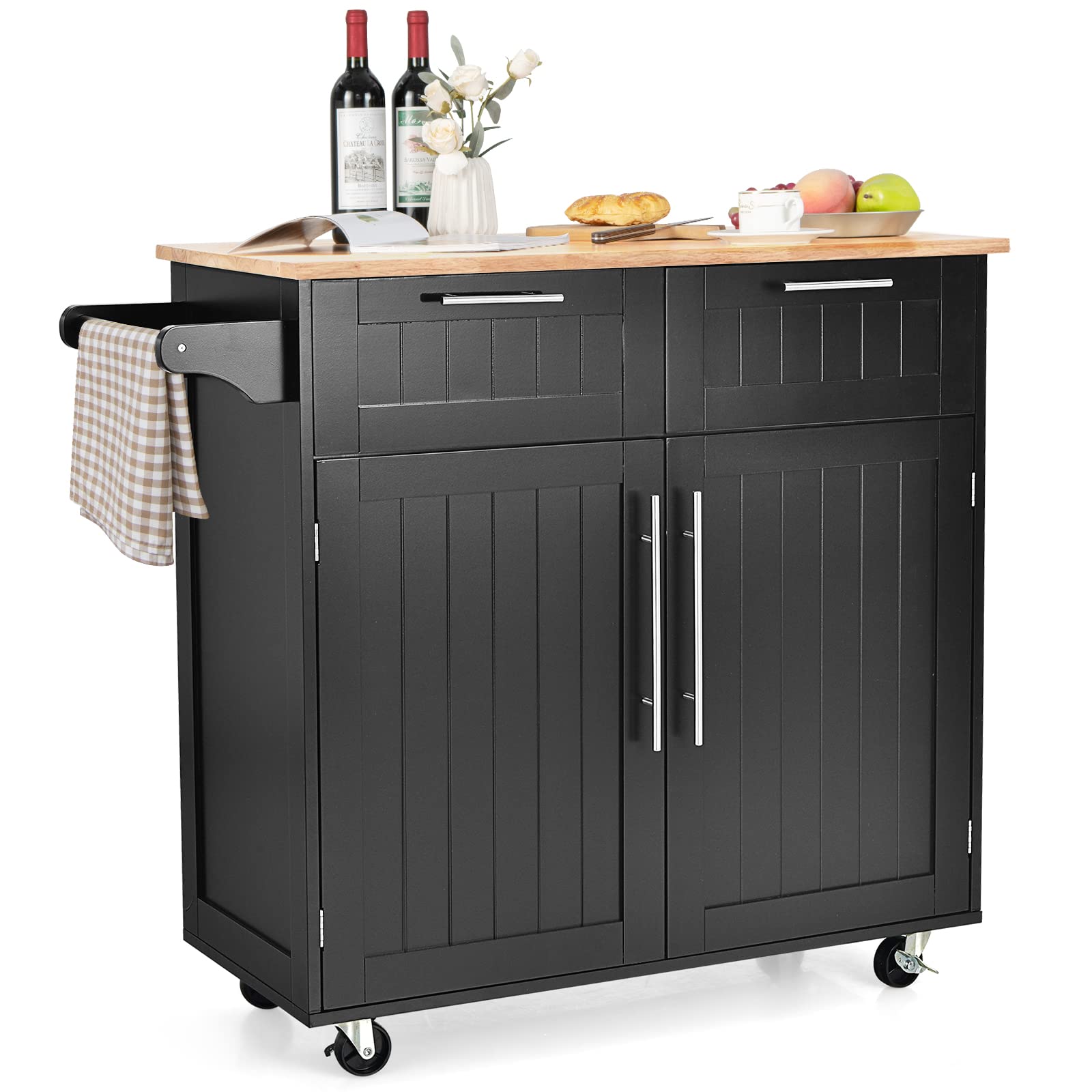 COSTWAY Kitchen Island Cart on Wheels, with Side Towel Bar, 2 Drawers, 2 Door Cabinet, Rolling Storage Trolley Cart with Rubber Wood Top & Lockable Casters (Black)