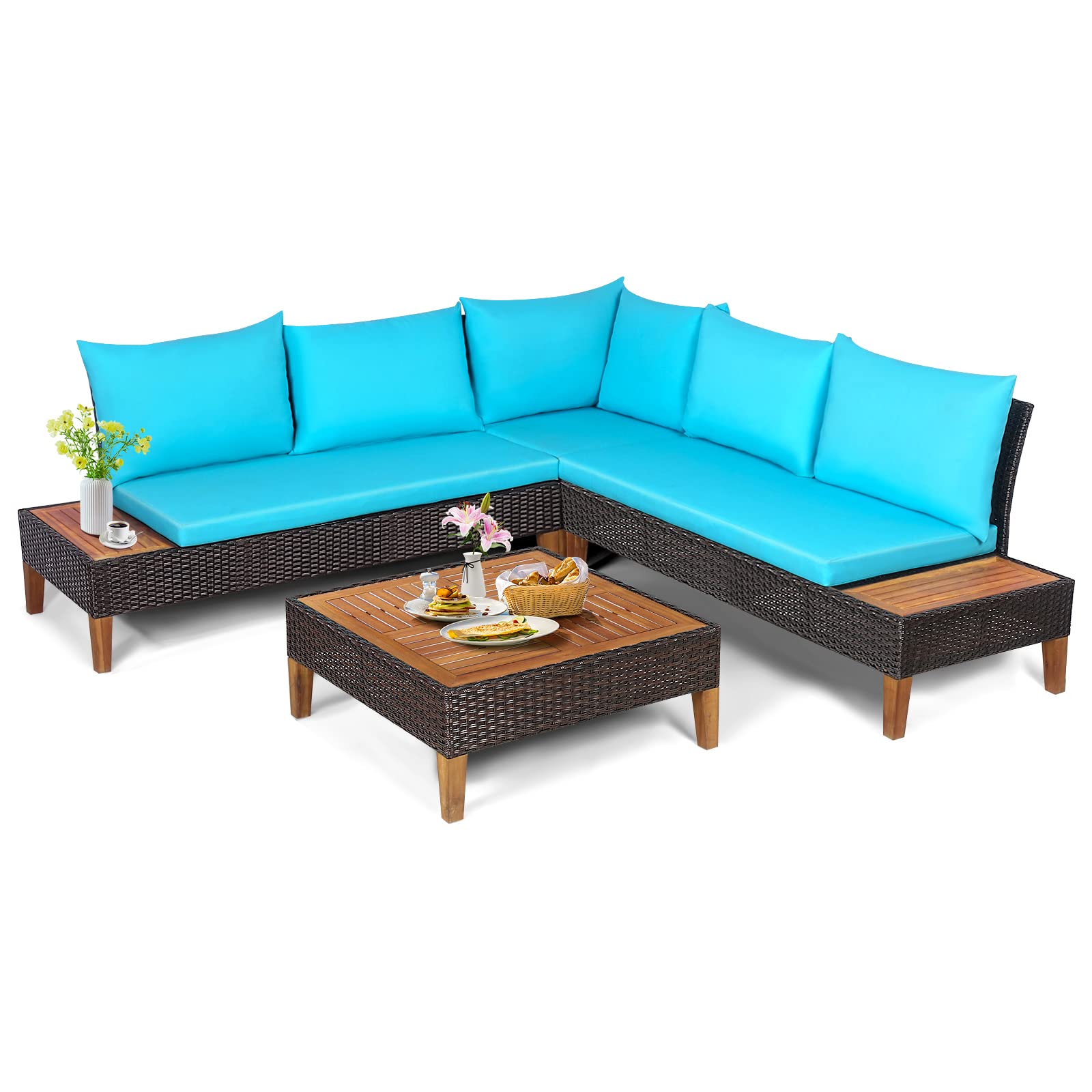 COSTWAY 4PCS Patio Rattan Furniture Set Cushioned Loveseat w/Wooden Side Table Turquoise