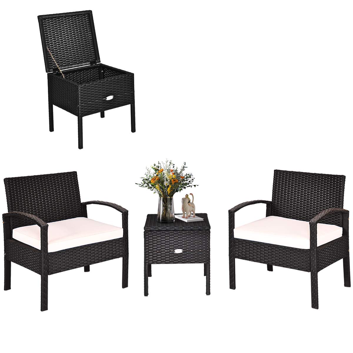 COSTWAY 3PCS Patio Rattan Furniture Set Storage Table Cushioned Sofa Black