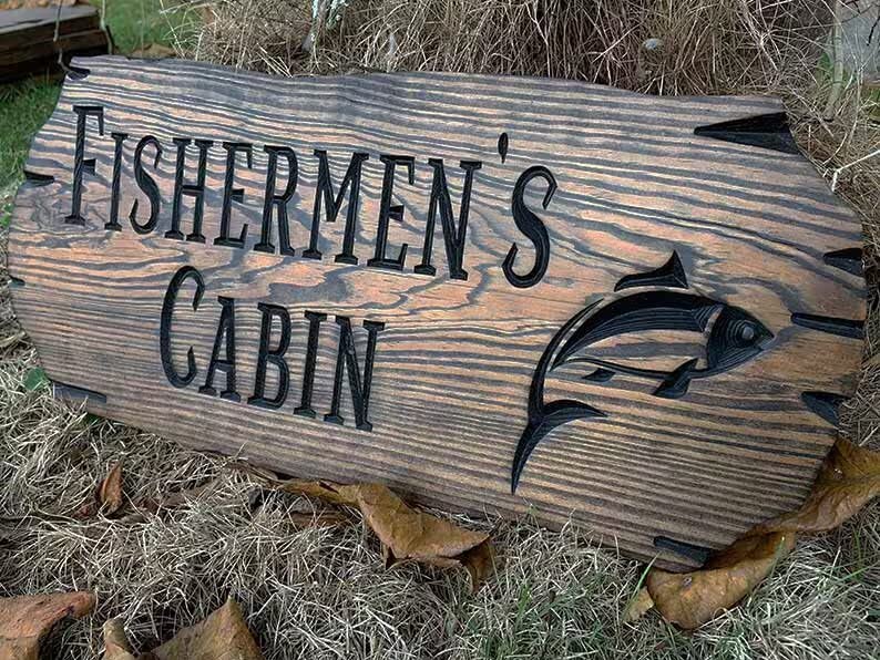 Very Wood Basement - Outdoor Camp & Custom Wood Sign - Pine Trees Wooden Carved Cabin - High-Quality Handmade Mountain Home - Rustic Home Personalized Sign (Fish on the Right)