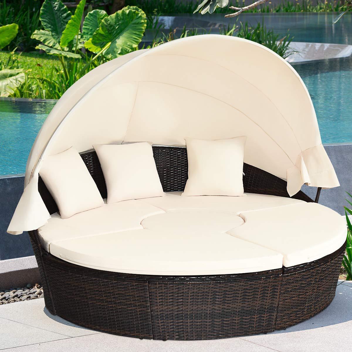 COSTWAY Patio Rattan Daybed Sofa Adjustable Table Top Canopy W/3 Pillows Outdoor