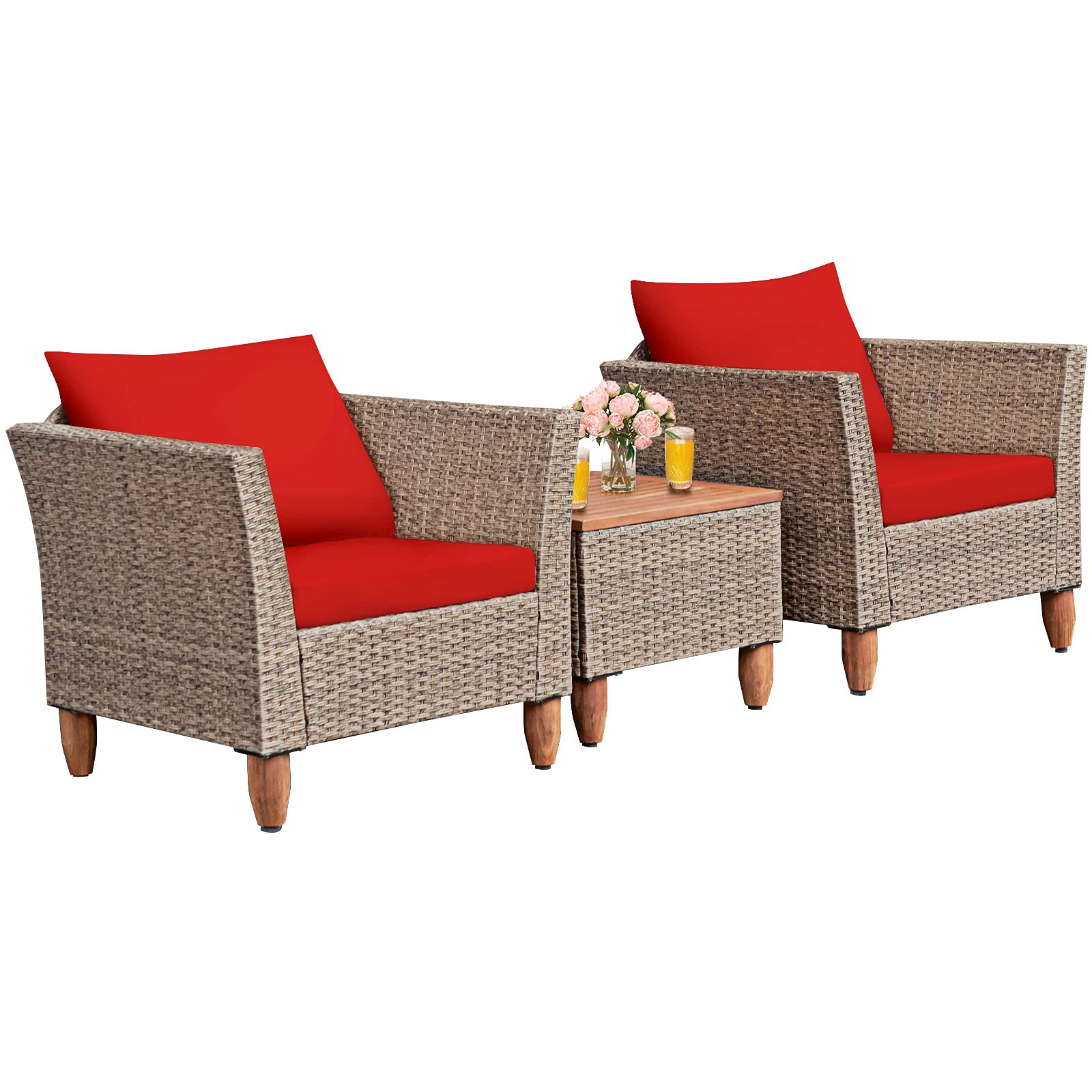 COSTWAY 3PCS Patio Rattan Bistro Furniture Set Wood Table Top Cushion Sofa Red