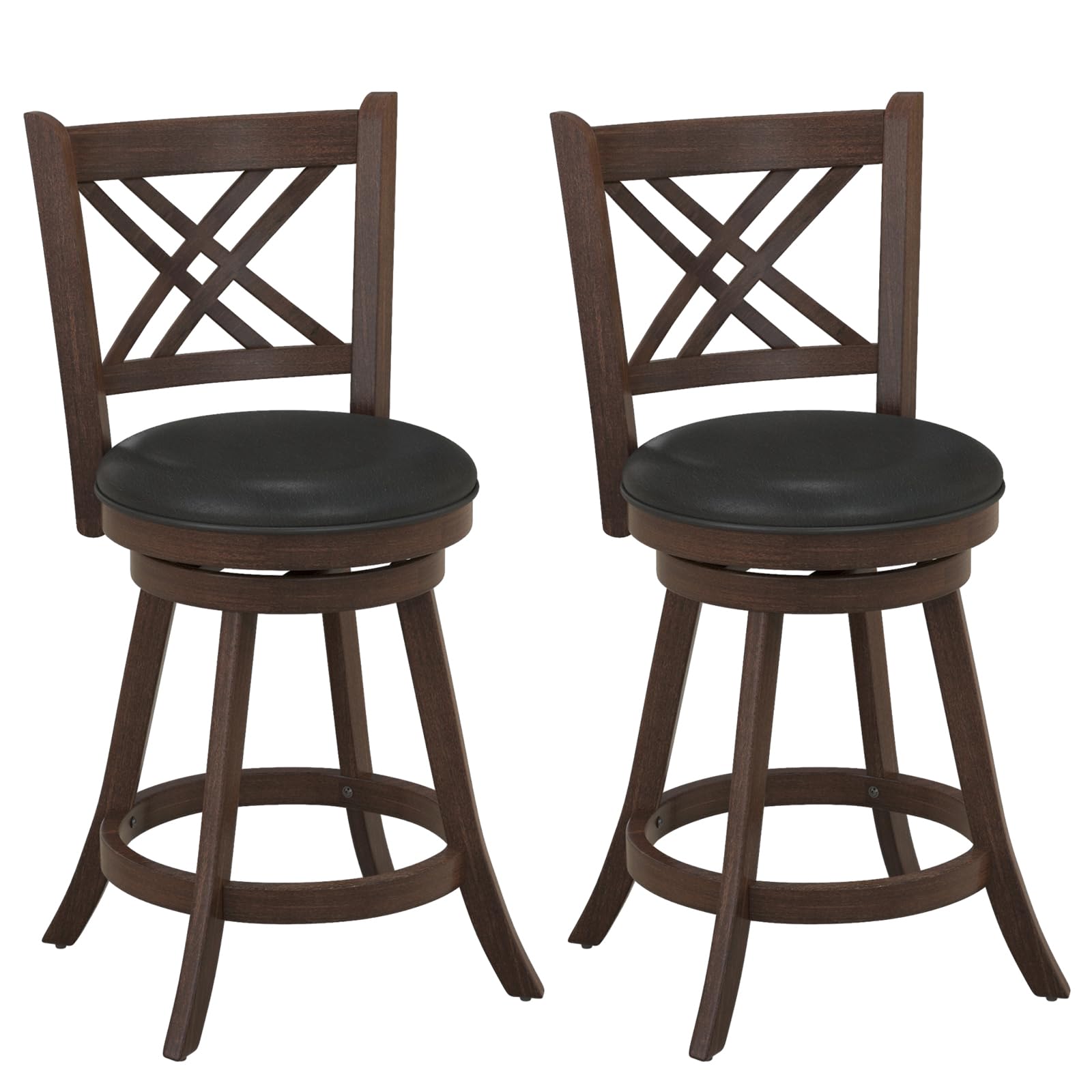 COSTWAY Bar Stool Set of 2 for Kitchen Island, Swivel Upholstered Counter Height Barstools with PU Surface, Rubber Wood Frame, 360¡ Rotatable Seat, Curved Back, Sturdy Footrest (2, 24" Seat Height)