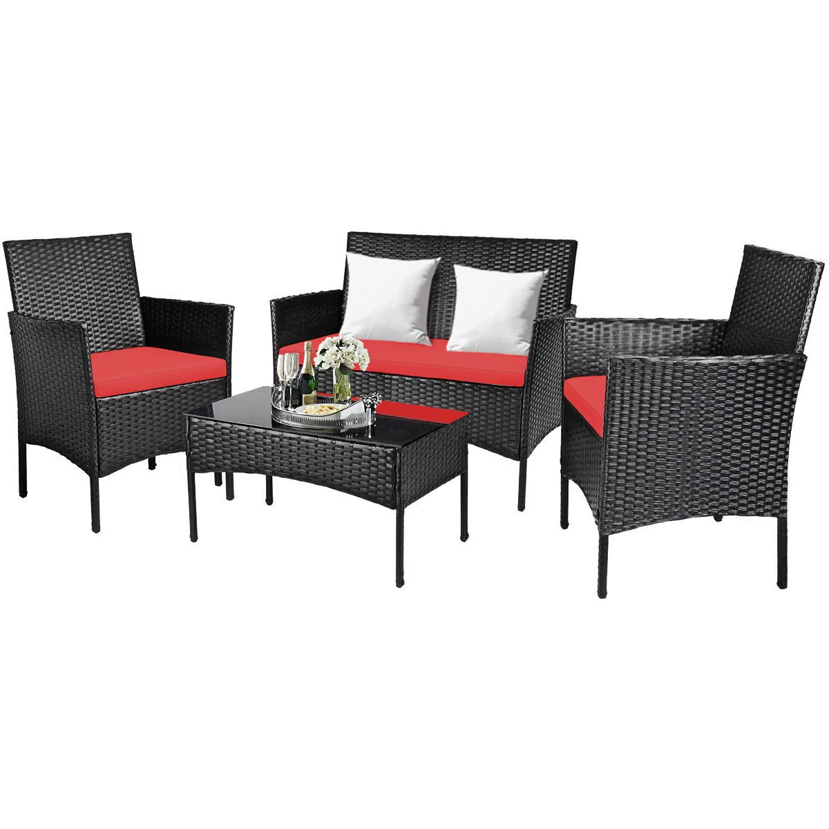 COSTWAY 4PCS Patio Rattan Furniture Set Cushioned Sofa Coffee Table Backyard Porch Red