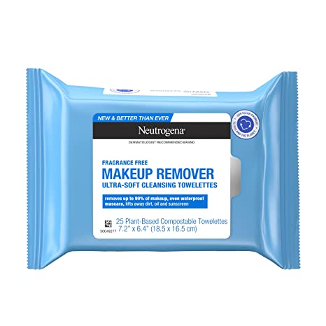 Neutrogena Fragrance-Free Makeup Remover Face Wipes, Daily Facial Cleansing Towelettes for Waterproof Makeup, 100% Plant-Based Fibers, 25 Count