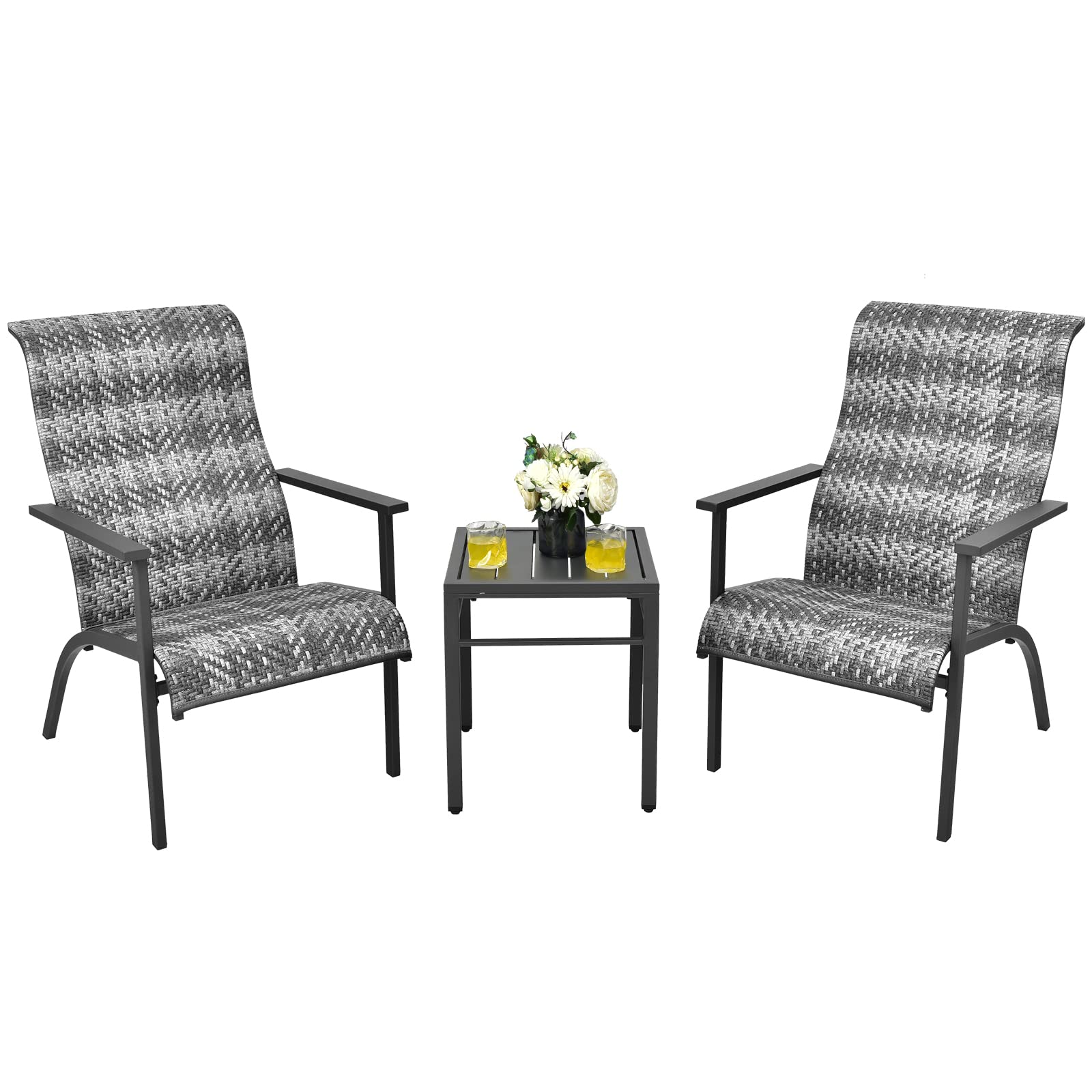 COSTWAY 3 PCS Patio Rattan Bistro Set High Backrest Armrest SideTable Mix Gray