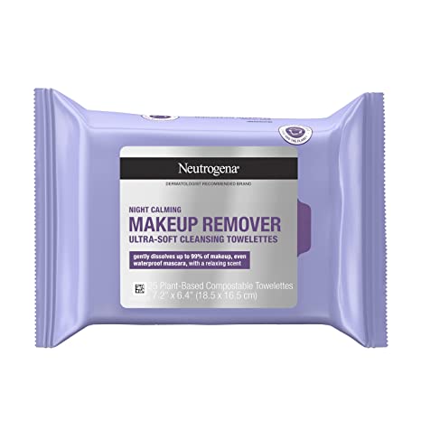 Neutrogena Makeup Remover Night Calming Cleansing Towelettes, Disposable Nighttime Face Wipes to Remove Dirt, Oil & Makeup, 25 ct