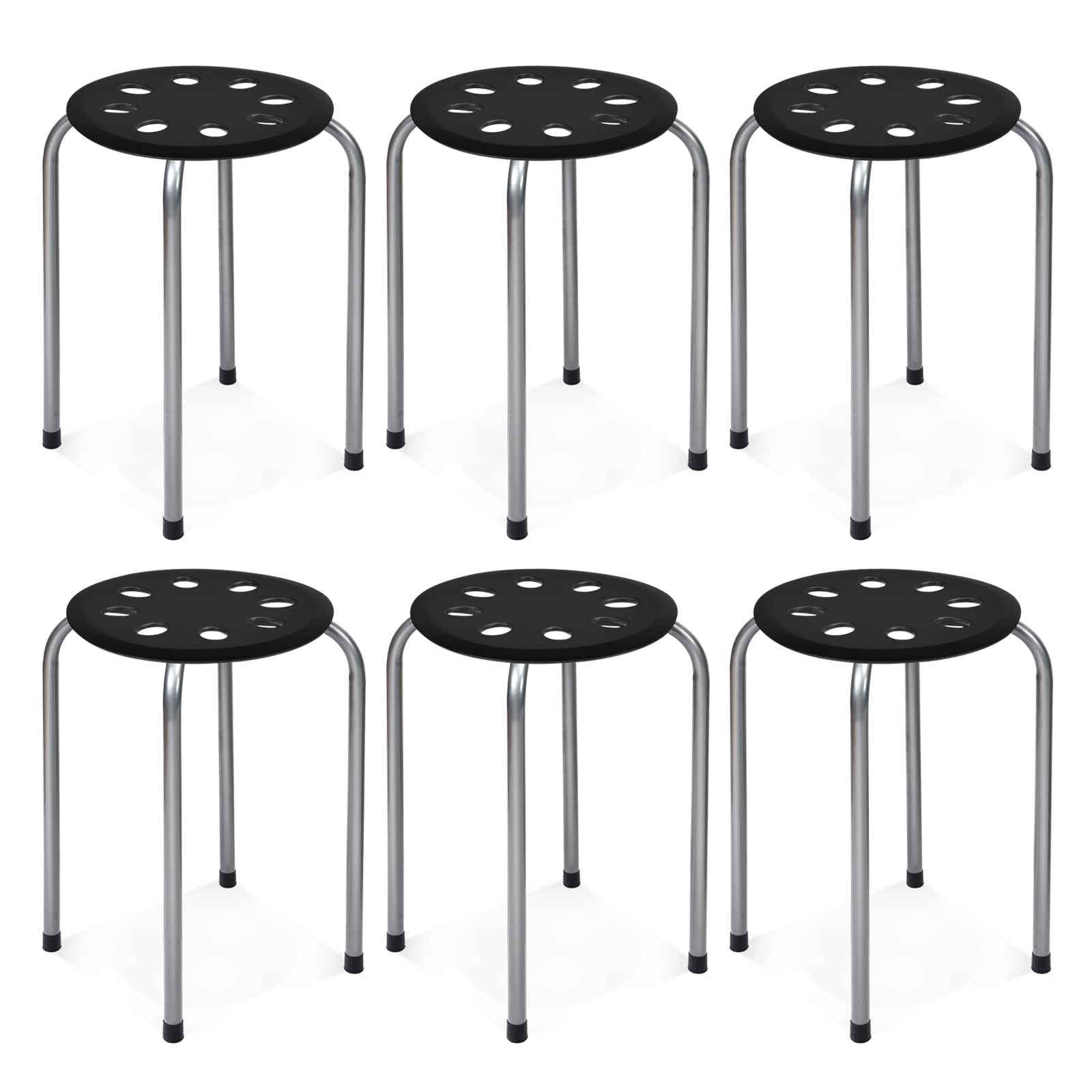 COSTWAY 6-Pack Plastic Stack Stools, 17.5-Inch Portable Stackable Stools with Metal Frame, Backless School Classroom Decoration Stools with Round Top Ideal for Kids Children Students, Black+Grey