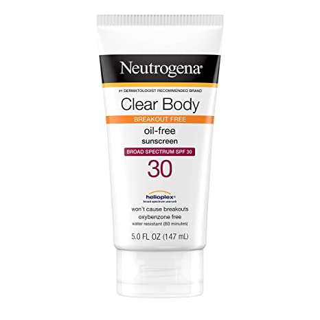 Neutrogena Clear Body Breakout-Free Liquid Sunscreen Lotion for AcneProne Skin, Oil Free Sunscreen, Broad Spectrum SPF 30, Unscented, 5 Fl Oz