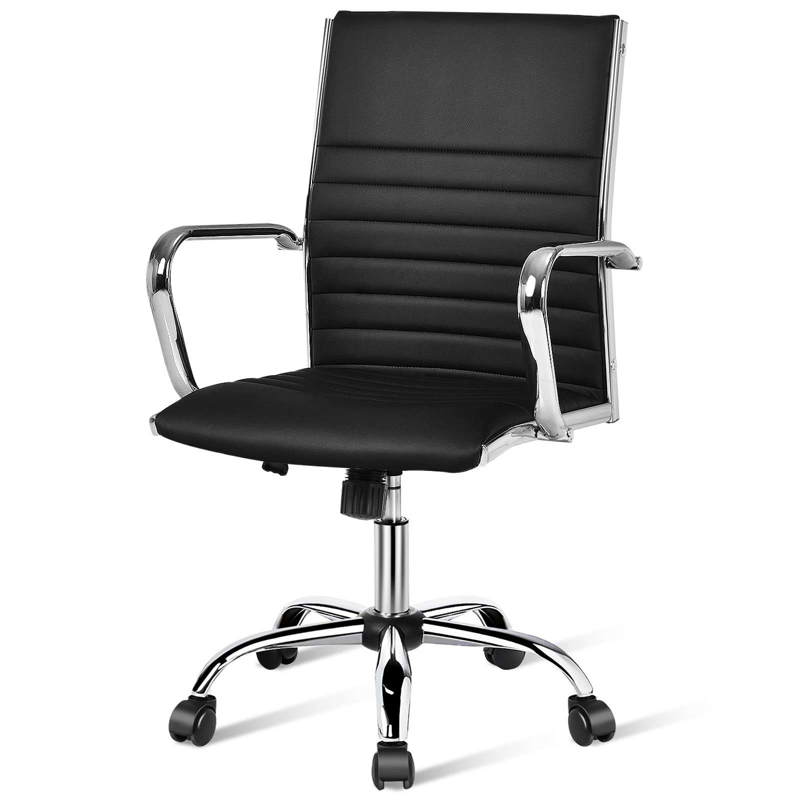 COSTWAY Ribbed Home Office Chair, PU Leather High Back Executive Chair with Height Adjustable, Rocking Backrest, Lumbar Support, Ergonomic Computer Desk Chair for Office Home (Black, 1 Chair)