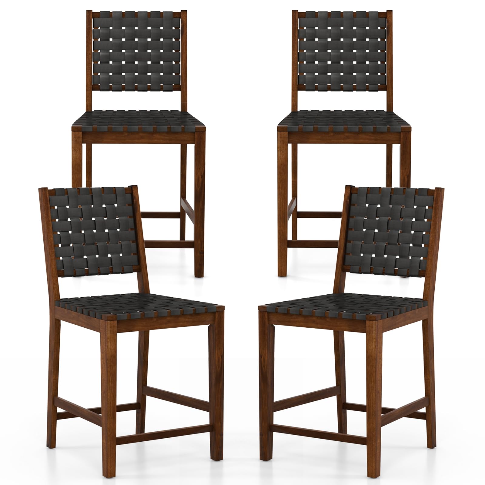 COSTWAY 24 Inch Woven Bar Stools Set of 4, Counter Height Bar Chairs with High Backrest, Footrest, Farmhouse Faux Leather Barstools for Dining Room, Kitchen Island, Pub, Cafe, Brown