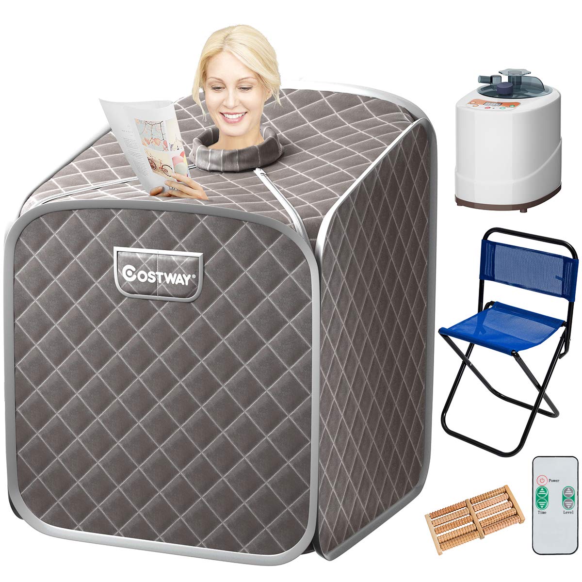 COSTWAY Portable Steam Sauna, 2L Folding Home Spa Sauna Tent for Weight Loss, Detox Relaxation at Home, Personal Sauna with 9 Temperature Levels, Timer, Remote Control, Foldable Chair (Gray)