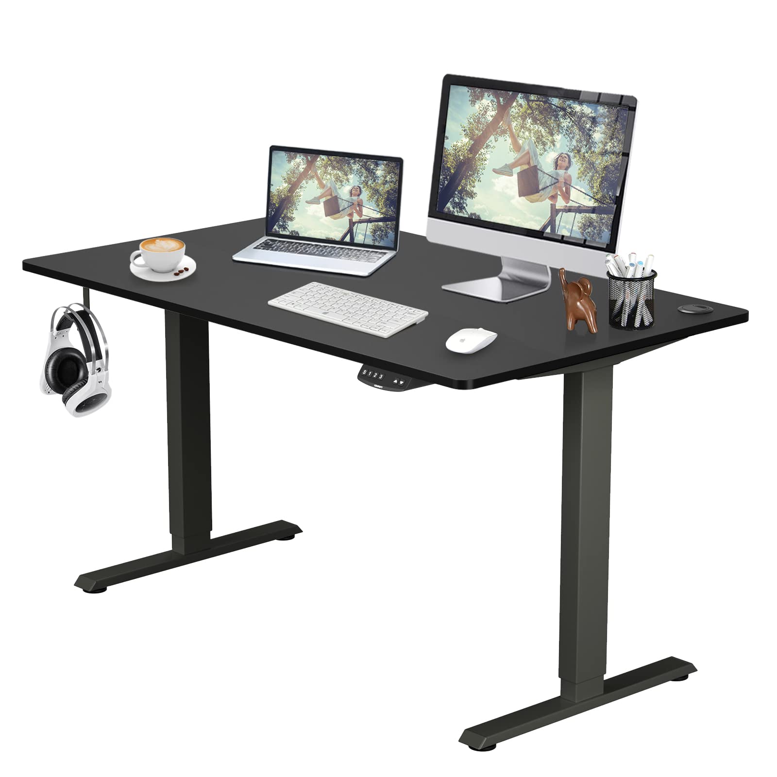 COSTWAY Dual Motor Electric Stand Up Desk, Height Adjustable Standing Desk w/Solid One-Piece Desktop & Memory Controller, Home Office Sit-to-Stand Computer Workstation (Black, 48''X30'')