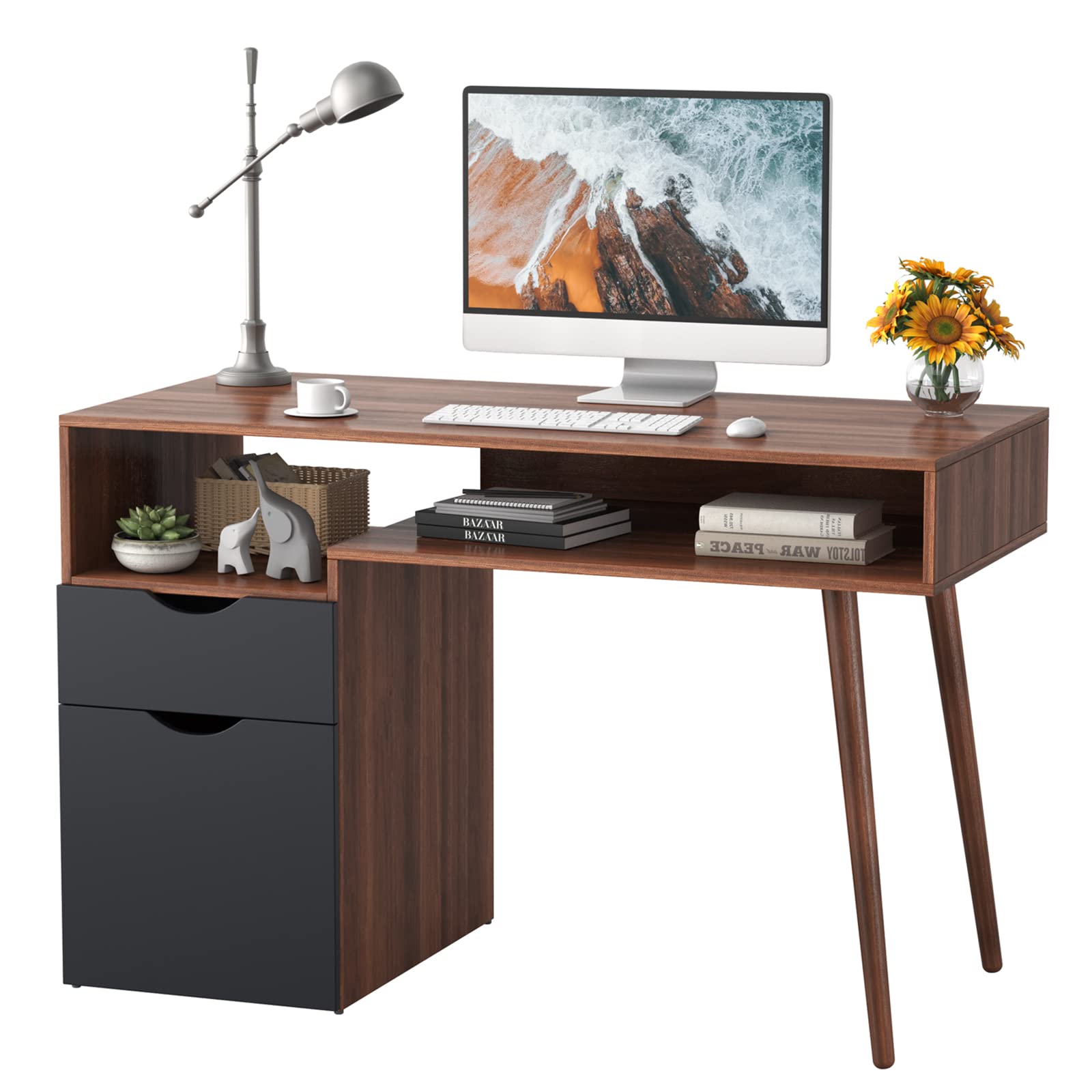 COSTWAY Computer Desk with Door Cabinet & Drawer, 48Ó Home Office PC Table w/Open Shelf, Mid-Century Modern Writing Desk w/Tapered Legs for Bedroom, Study & Living Room, Brown