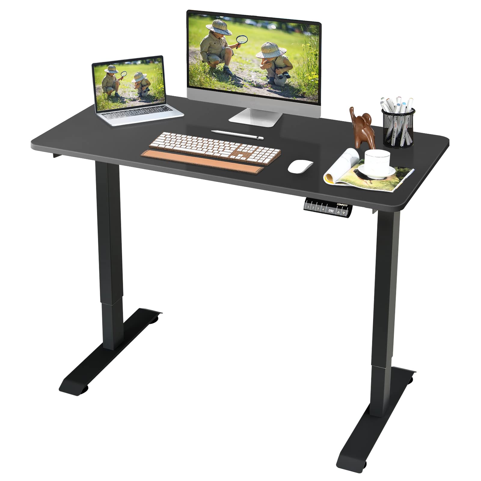 COSTWAY Electric Height Adjustable Desk, Sit Stand Home Office Desk with 4 Memory Positions & LED Display, 48Ó Standing Computer Workstation with Anti-Collision Design (Black)