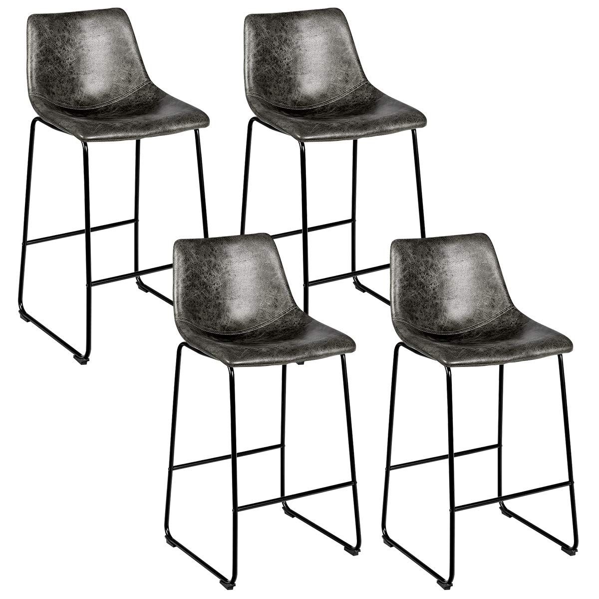 COSTWAY Set of 4 Bar Stool, Vintage Faux Suede Bar Stools, with Metal Legs, Back and Footrest, Upholstered Stool Chairs for Home Kitchen, Pub (Grey, 4)