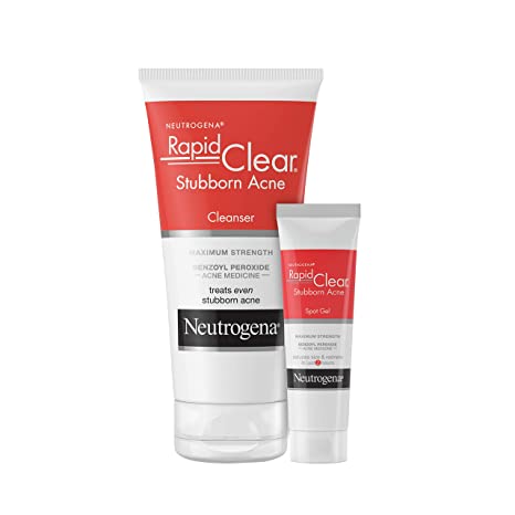 Neutrogena Rapid Clear Stubborn Acne Face Wash with 10% Benzoyl Peroxide Acne Medicine, 5 fl. oz & Rapid Clear Stubborn Acne Spot Treatment Gel with 10% Benzoyl Peroxide, 1 oz