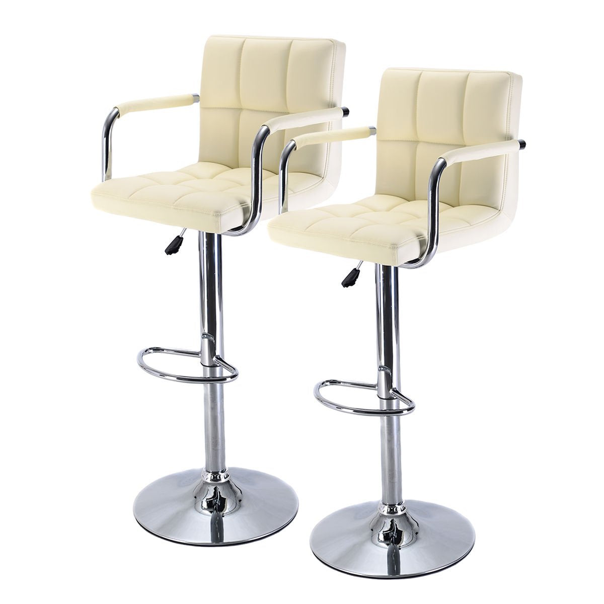 COSTWAY Set of 2 PU Leather Bar Stool Modern Design Adjustable Swivel Barstools Hydraulic Bar Stool w/Arm (Off White)