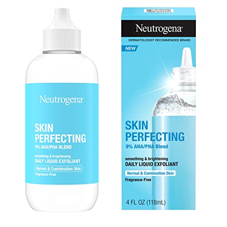 Neutrogena Skin Perfecting Daily Liquid Facial Exfoliant with 9% AHA/PHA Blend for Normal & Combination Skin, Smoothing & Brightening Leave-On Exfoliator, Oil- & Fragrance-Free, 4 fl. oz