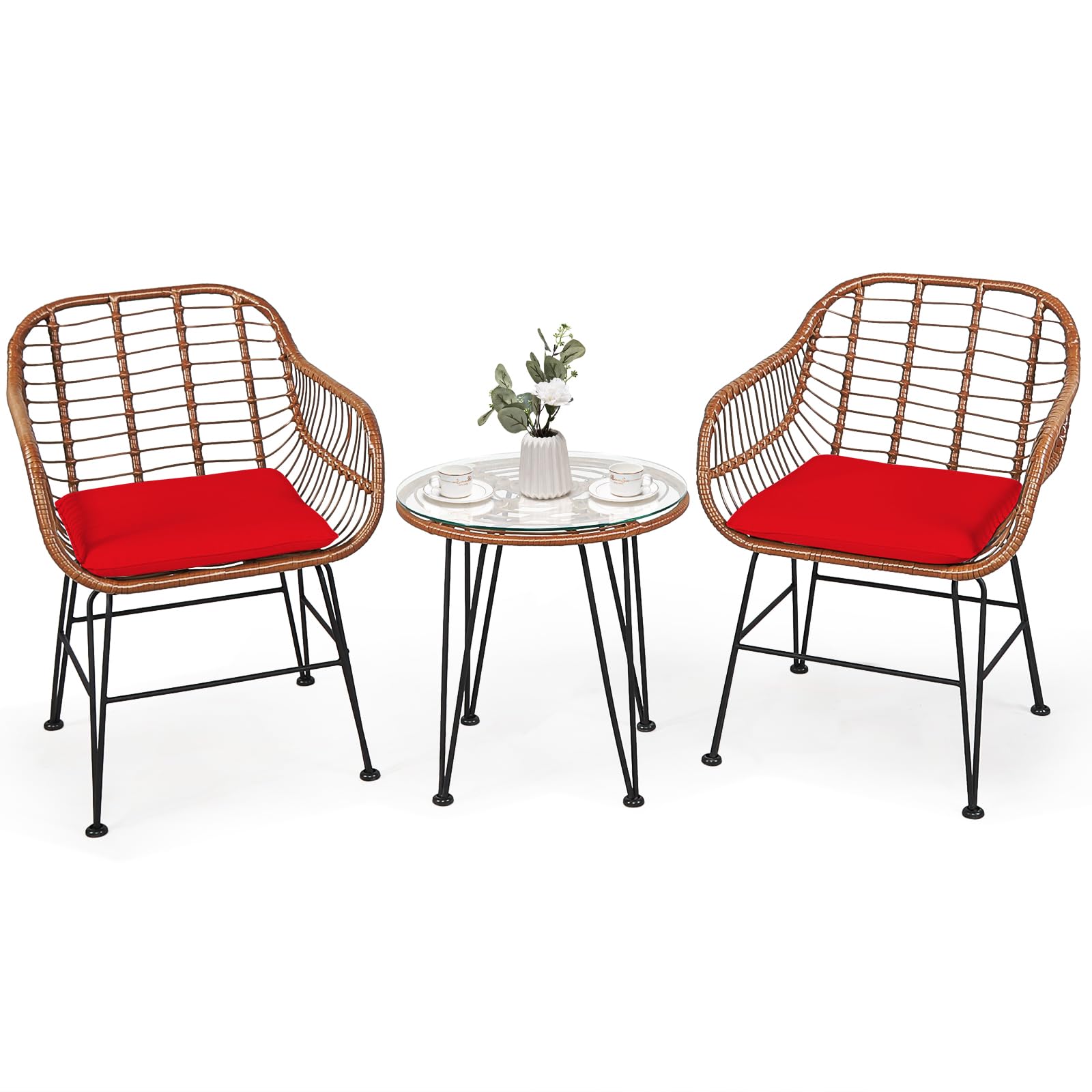 COSTWAY 3PCS Patio Rattan Bistro Set Coffee Table Armchair Garden Red Cushion