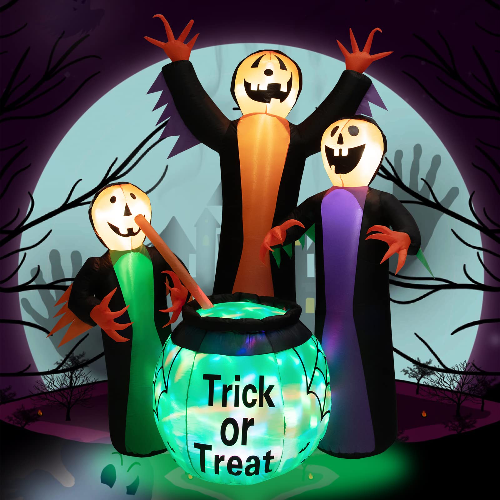 COSTWAY 8FT Inflatable Halloween Witches Holding Cauldron Yard Decor w/Colorful Lights