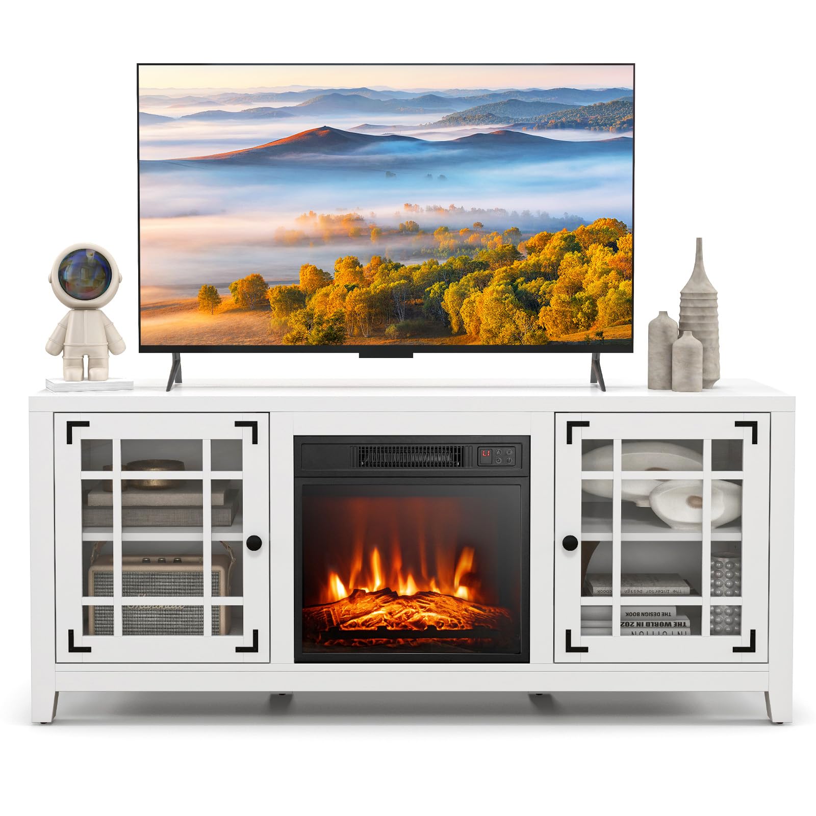 COSTWAY Electric Fireplace TV Stand for TVs up to 65-inch, 18-inch Fireplace Entertainment Center with Remote Control, Thermostat, TV Console with Adjustable Shelves for Living Room Bedroom, White