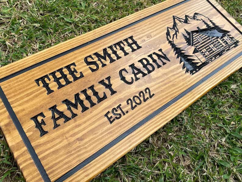 Very Wood Basement - Outdoor Camp & Custom Wood Sign - Pine Trees Wooden Carved Cabin - High-Quality Handmade Mountain Home - Rustic Home Personalized Sign (Log Cabin Design)