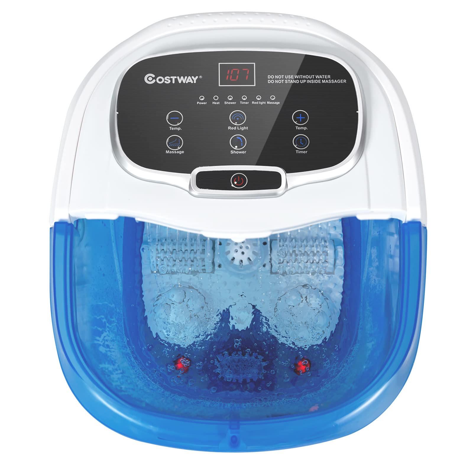 COSTWAY Foot Spa/Bath Massager, with Motorized Rollers, Shiatsu Massage, Shower, Heat, Red Light, Temperature Control, Timer, LED Display, Drainage Pipe for Foot Stress Relief (Blue)