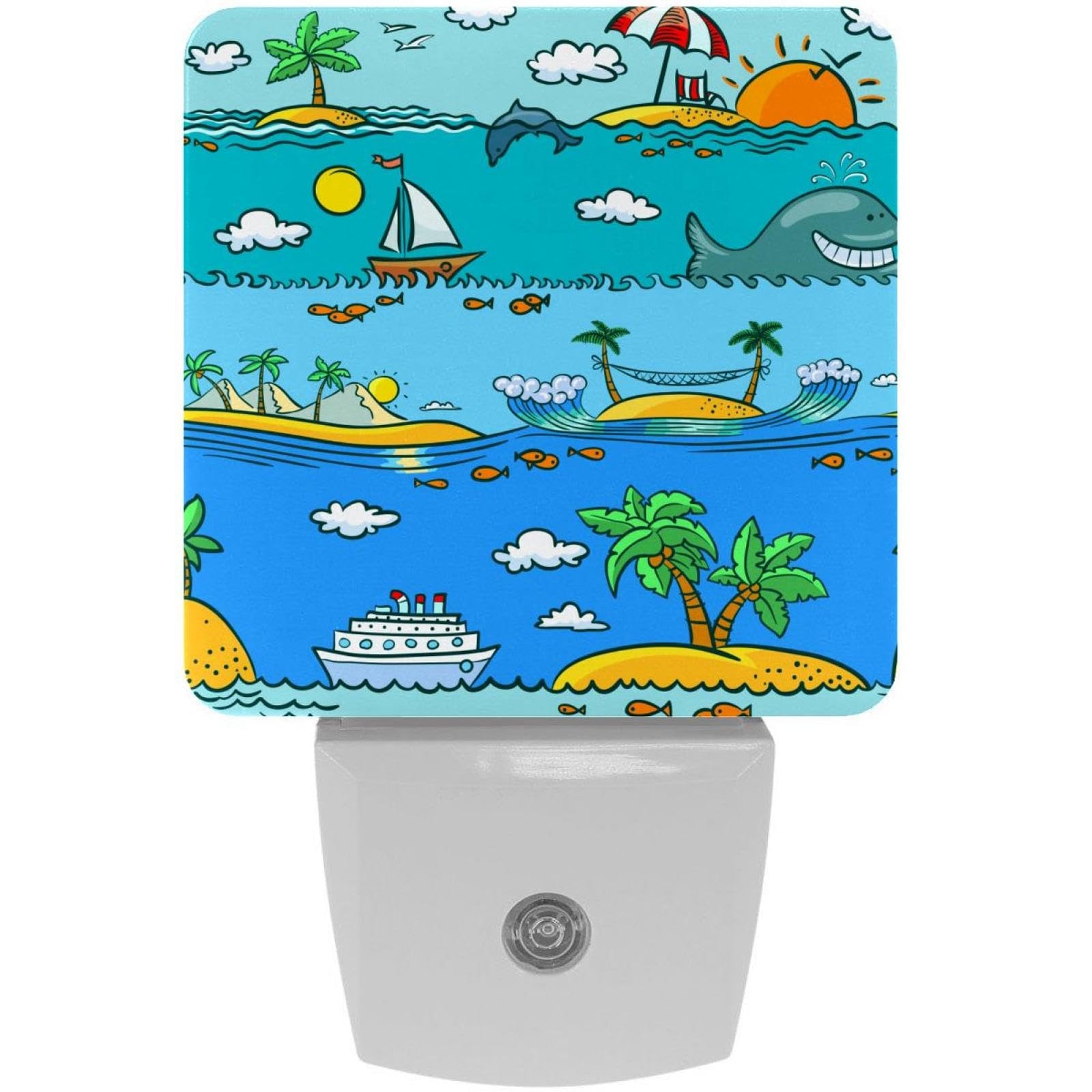 2 Pack Plug-in Nightlight LED Night Light Sea Summer Seamless Pattern, Dusk-to-Dawn Sensor for Kid's Room Bathroom, Nursery, Kitchen, Hallway