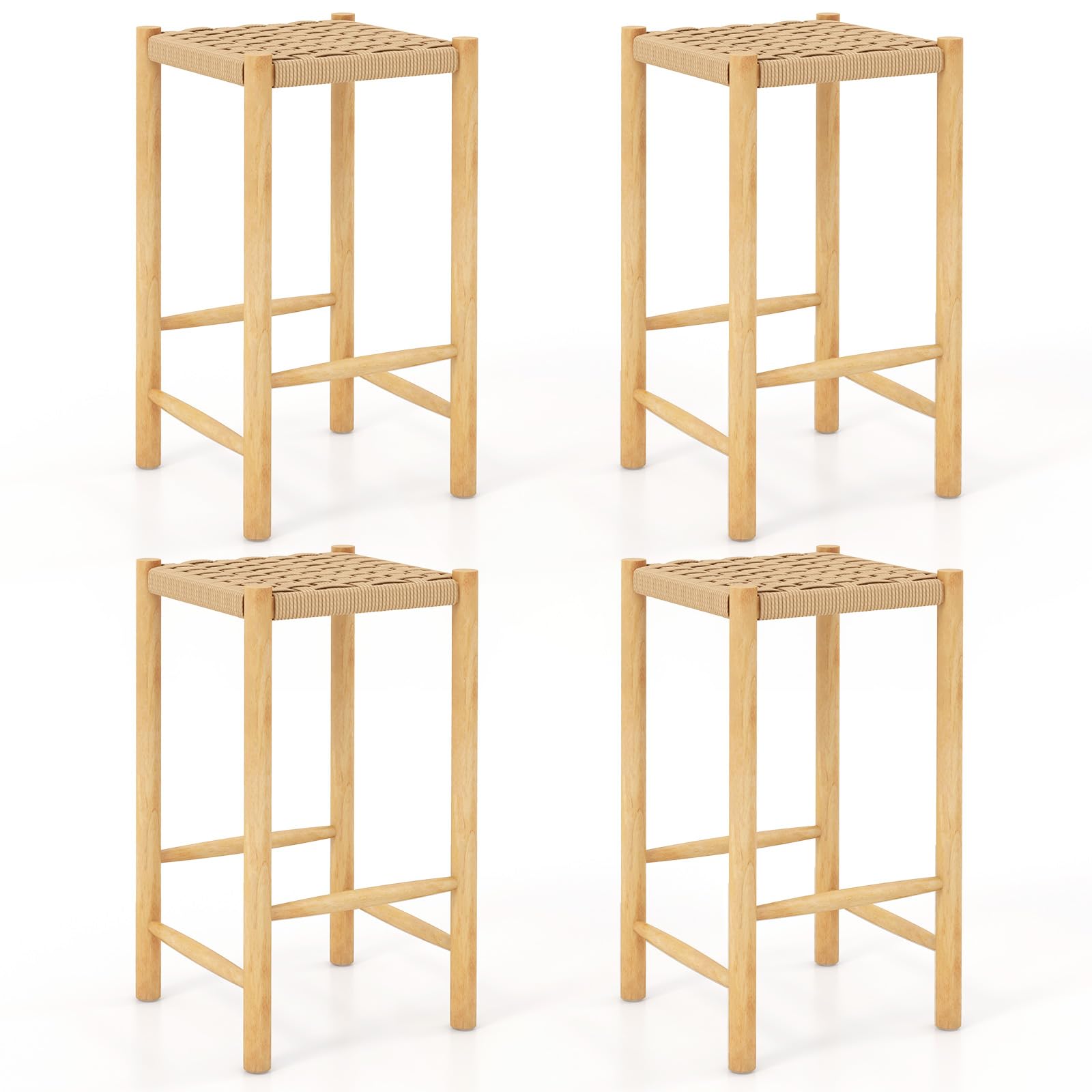 COSTWAY Counter Height Wooden Stools Set of 4, Rustic 26-inch Dining Stools with Rubber Wood Frame and Woven Paper Seat, Cozy Indoor/Outdoor Saddle Chairs for Kitchen Island, Dining Room, Backyard