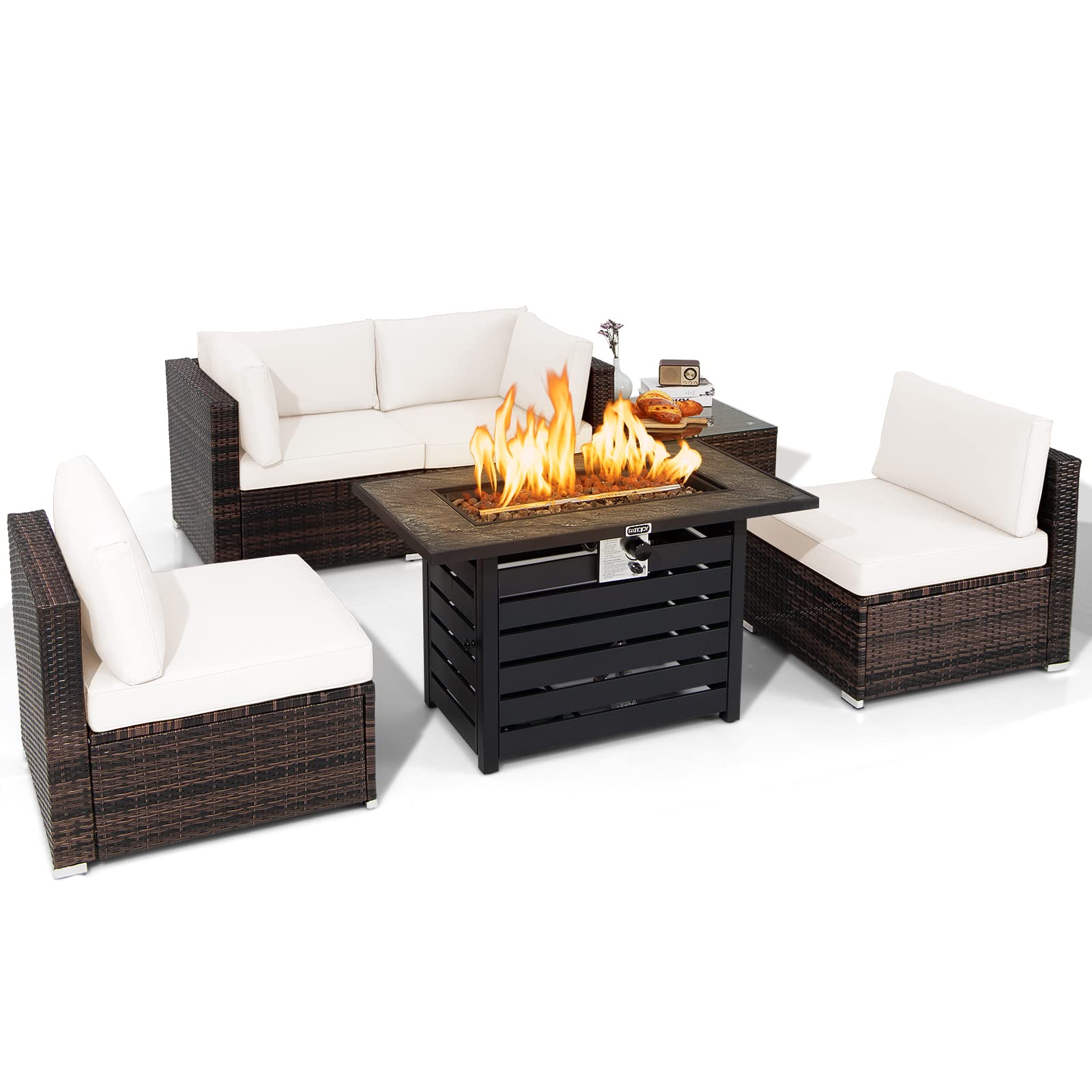 COSTWAY 6PCS Patio Rattan Furniture Set 42" Fire Pit Table Cover Sofa Cushion Off White