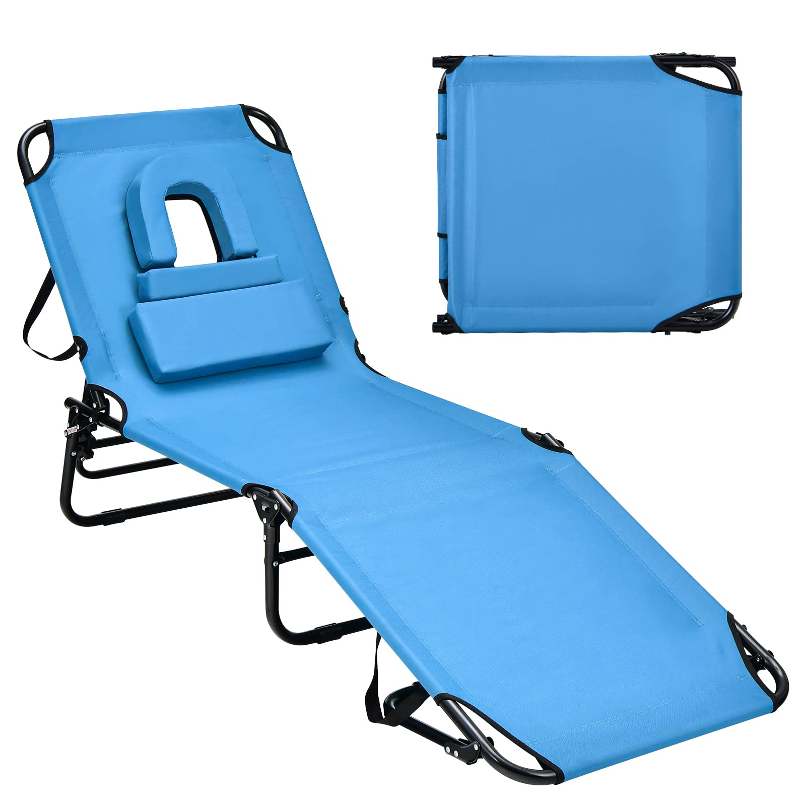 COSTWAY Folding Chaise Lounge Chair Bed Adjustable Patio Beach Camping Recliner Blue