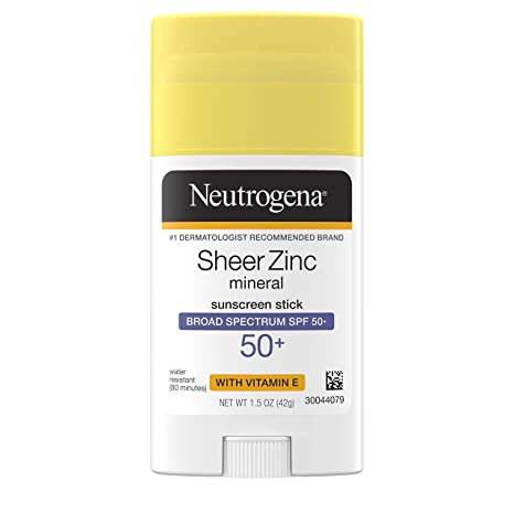 Neutrogena Sheer Zinc Oxide Mineral Sunscreen Stick with Vitamin E, Broad Spectrum SPF 50+ & UVA/UVB Protection, Water Resistant & Residue-Free Application, Paraben/Dye Free, 1.5 Oz