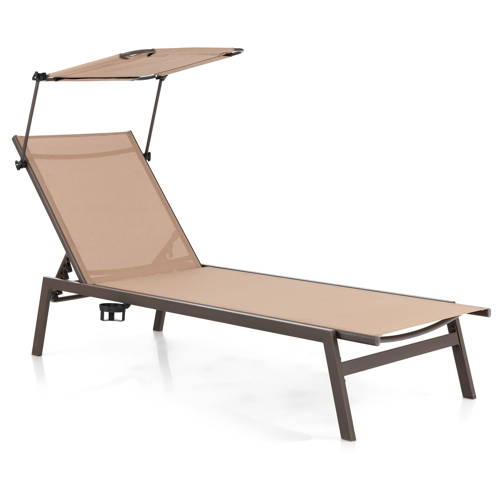 COSTWAY Outdoor Chaise Lounge Chair with Sunshade 6-Level Adjustable Recliner Backyard