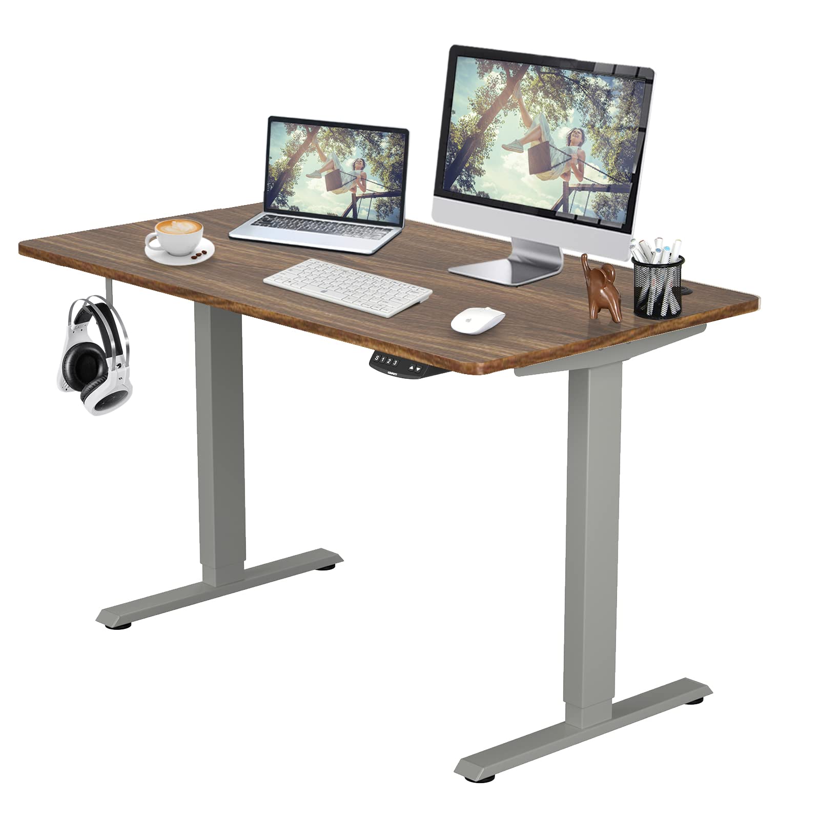 COSTWAY Dual Motor Electric Stand Up Desk, Height Adjustable Standing Desk w/Solid One-Piece Desktop & Memory Controller, Home Office Sit-to-Stand Computer Workstation (Gray + Walnut, 48''X30'')