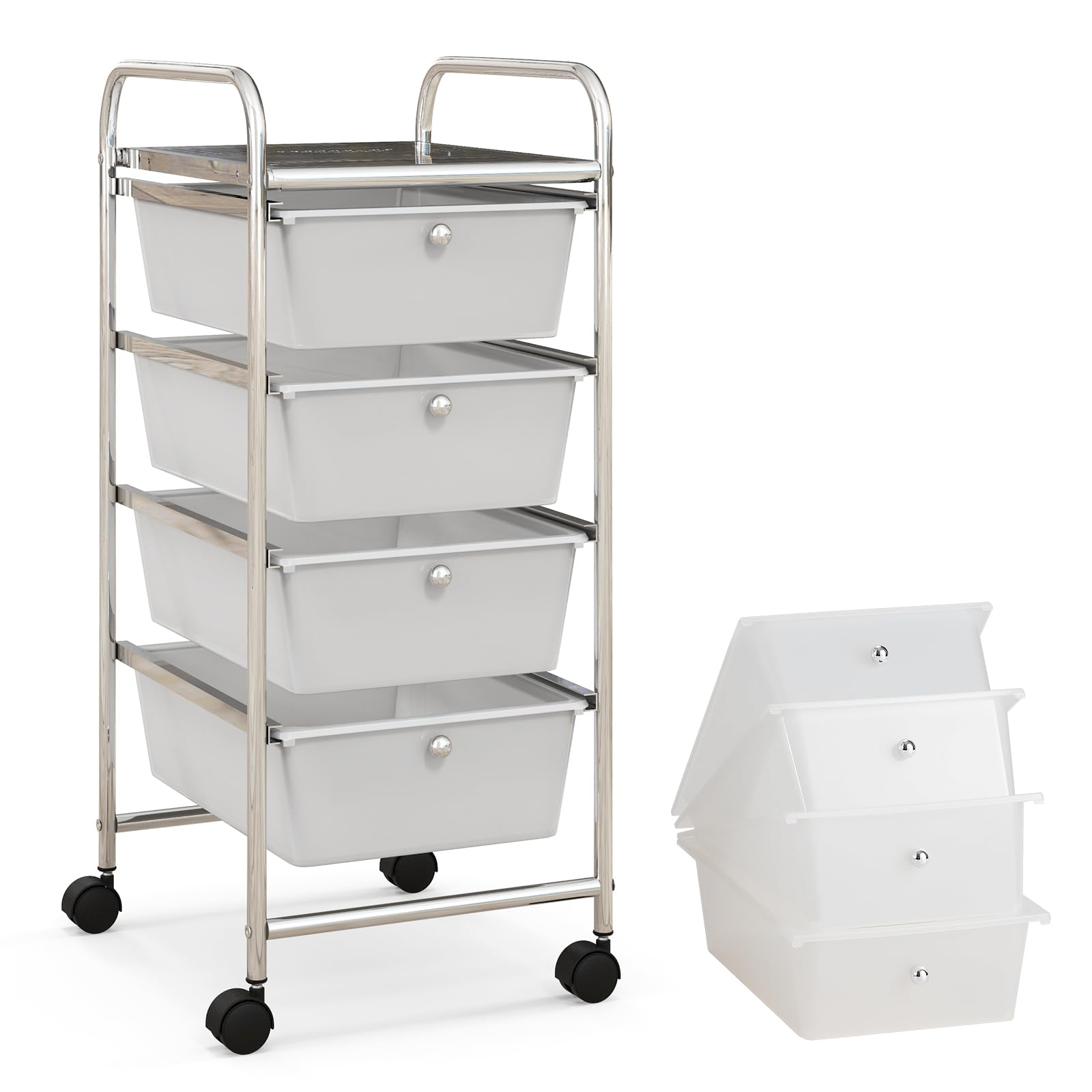 COSTWAY Rolling Storage Cart with 4 Drawers, Plastic Storage Cart and Organizer w/ 4 Removable Drawers, Multipurpose Organizer Cart for Home Scrapbook Paper Office School Tools (White)