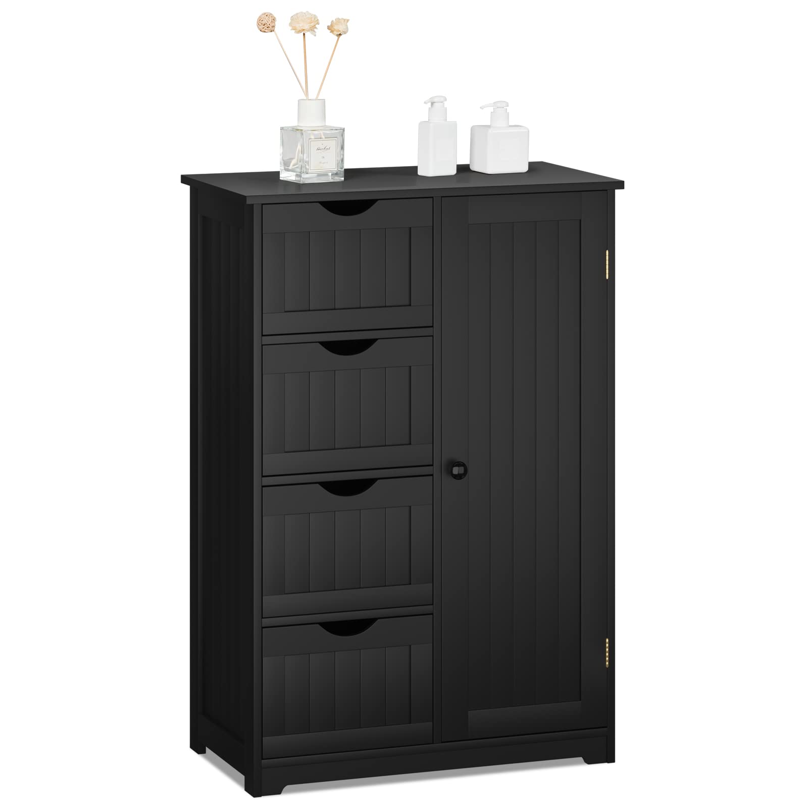 COSTWAY Bathroom Storage Cabinet, Wooden Freestanding Storage Cupboard Organizer with 4 Deep Drawers & Adjustable Shelf, Modern Floor Cabinet for Living Room, Bathroom, Kitchen, Entryway (Black)