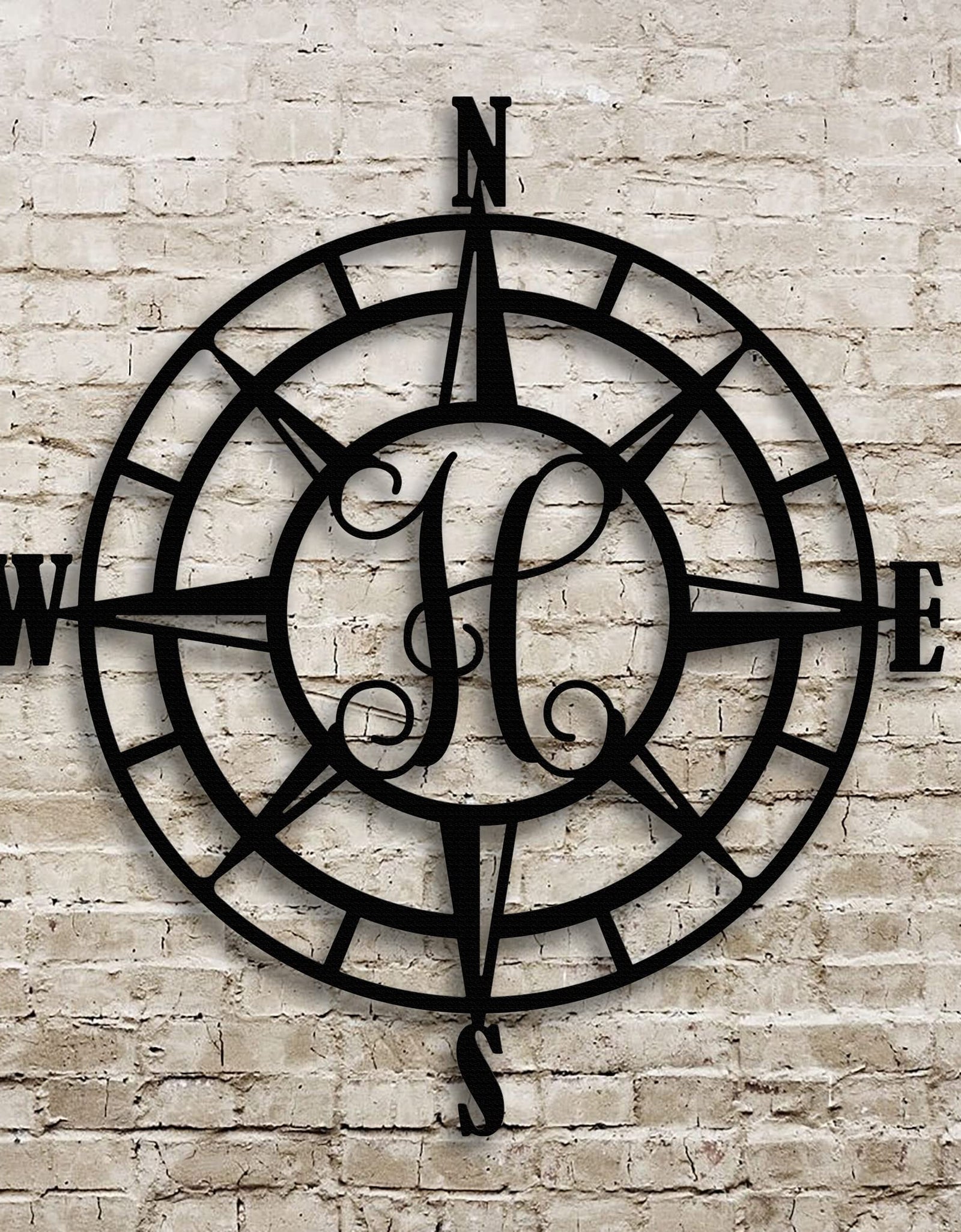 Nautical Compass Rose Metal Wall Art with Monogram Letter