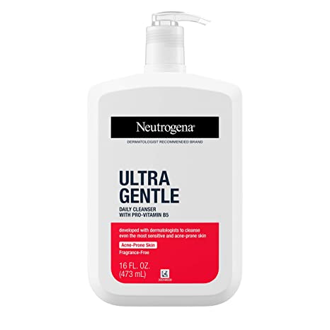 Neutrogena Ultra Gentle Daily Facial Cleanser with Pro-Vitamin B5 for Acne-Prone & Sensitive Skin, Fragrance-Free, Dye-Free, Soap-Free, Paraben-Free & Hypoallergenic Face Wash, 16 fl. oz