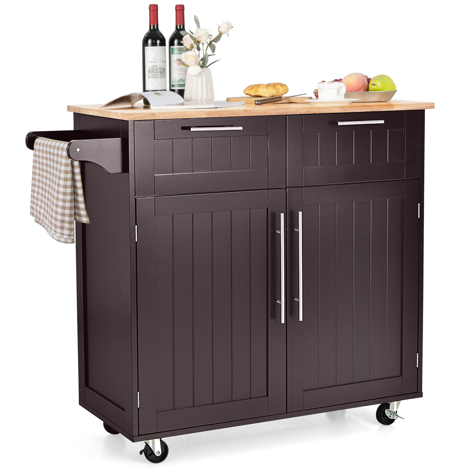 COSTWAY Kitchen Island Cart on Wheels, with Side Towel Bar, 2 Drawers, 2 Door Cabinet, Rolling Storage Trolley Cart with Rubber Wood Top & Lockable Casters (Brown)