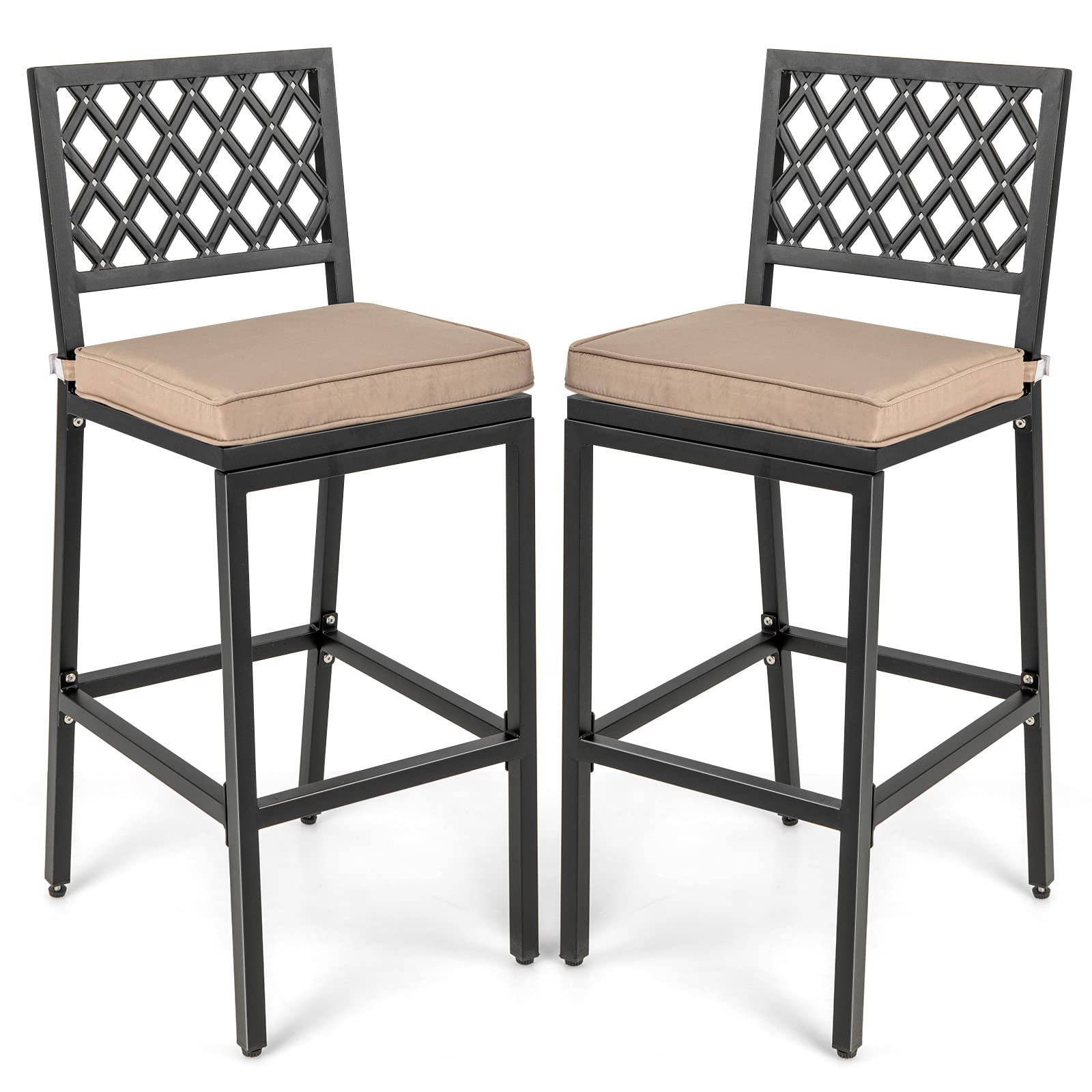 COSTWAY 2 PCS Patio Bar Chairs, Heavy-Duty Metal Frame Bar Stools Set of 2, Indoor Outdoor All-Weather Resistant Barstools with Detachable Cushion & Footrest, for Patio, Garden, Poolside(2)