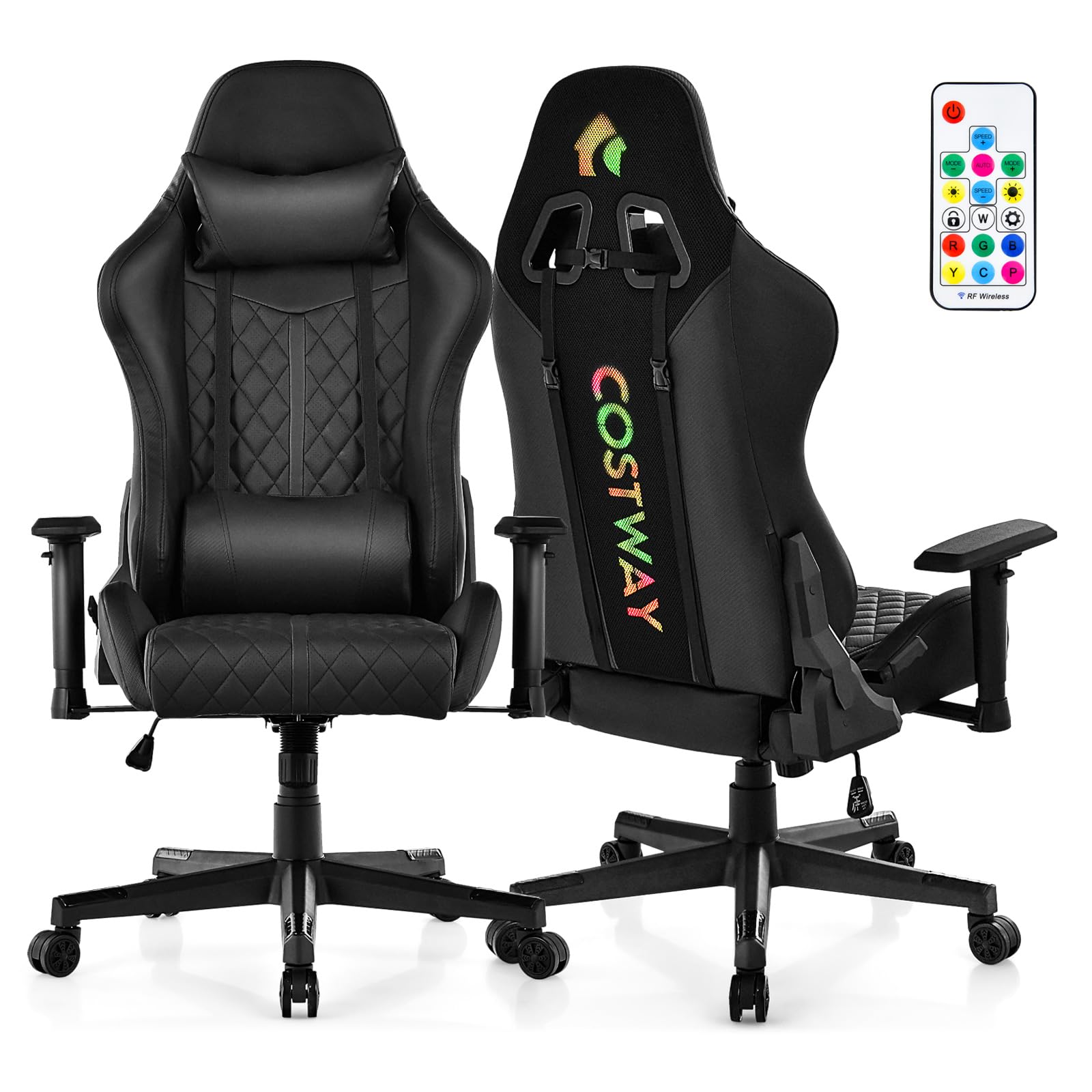 COSTWAY Gaming Chair with RGB LED Lights, Ergonomic Video Game Chair with High Back Lumbar Support, Adjustable Height, Swivel PU Leather Computer Office Chair for Gaming Working Studying