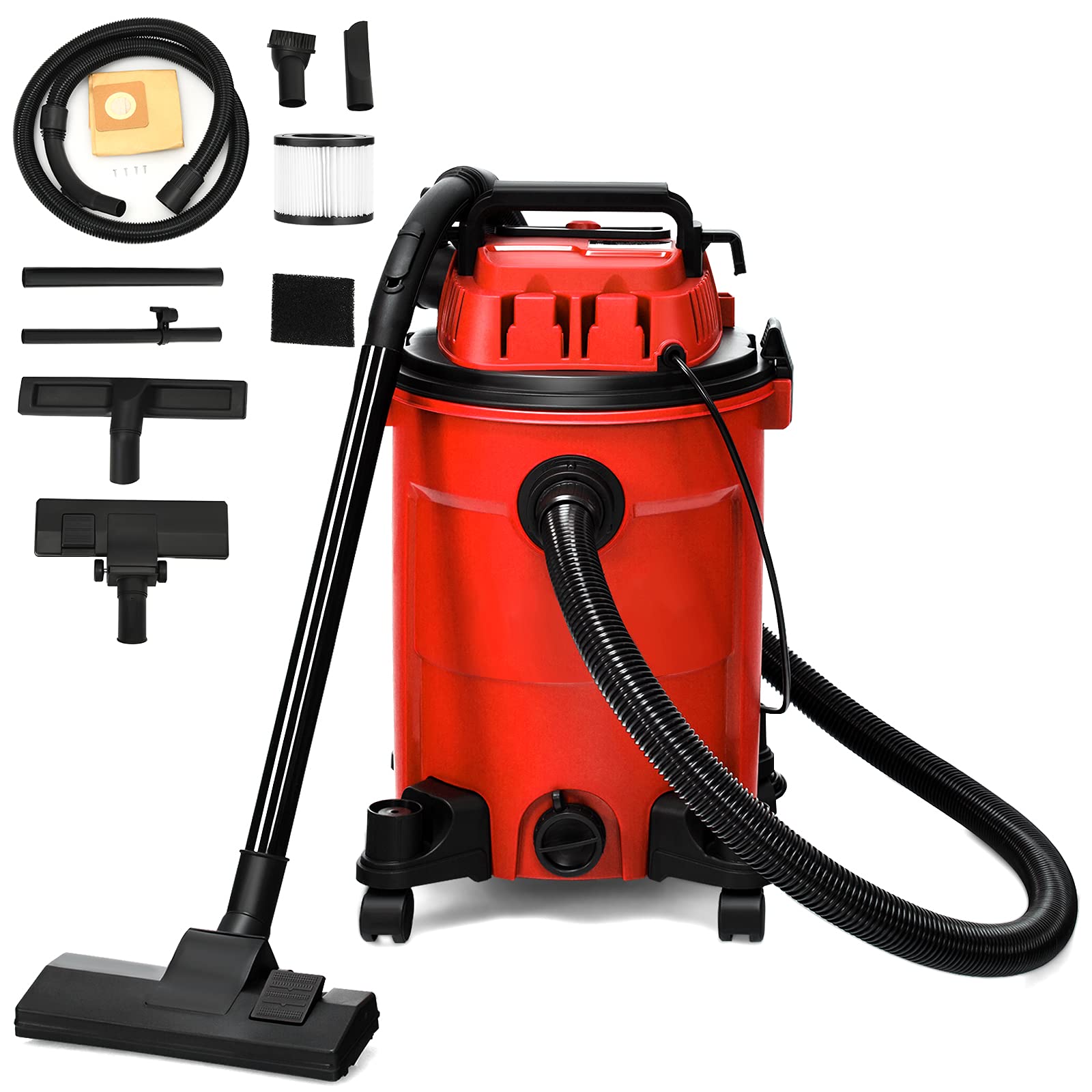 COSTWAY 3-in-1 Wet/Dry Vacuum Cleaner with Blower Function, 6.6 Gallon 4.8 Peak HP Vacuum with Safety Protection, Portable Shop Vacuum Cleaner for Workshop, Car, Garage, Home, 1200W (Red)