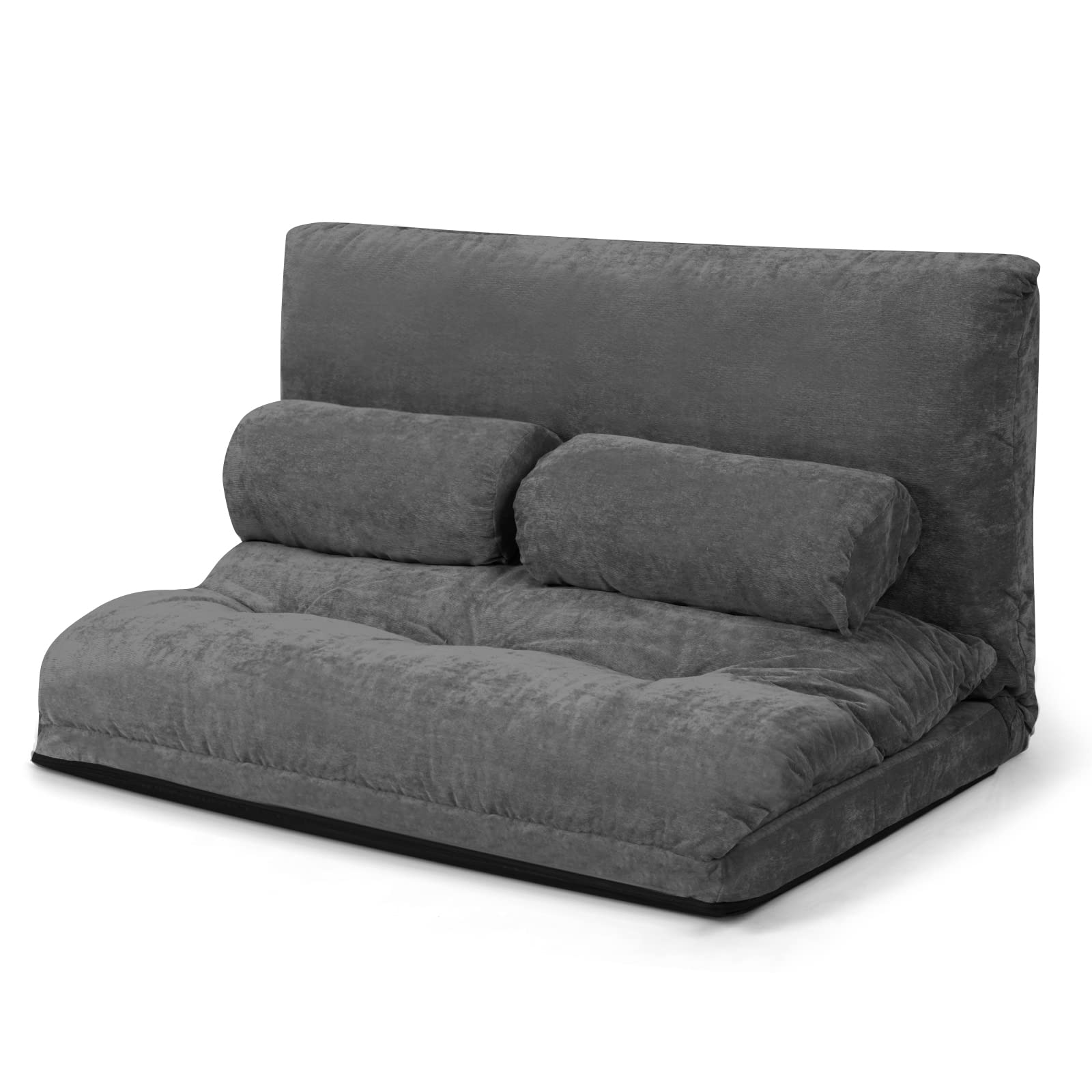 COSTWAY Convertible Floor Sofa Couch with 2 Waist Pillows, Folding 6-Position Adjustable Loveseat with Corduroy Fabric, Metal Frame, Upholstered Floor Couch Lounge for Reading Playing Gaming (Grey)