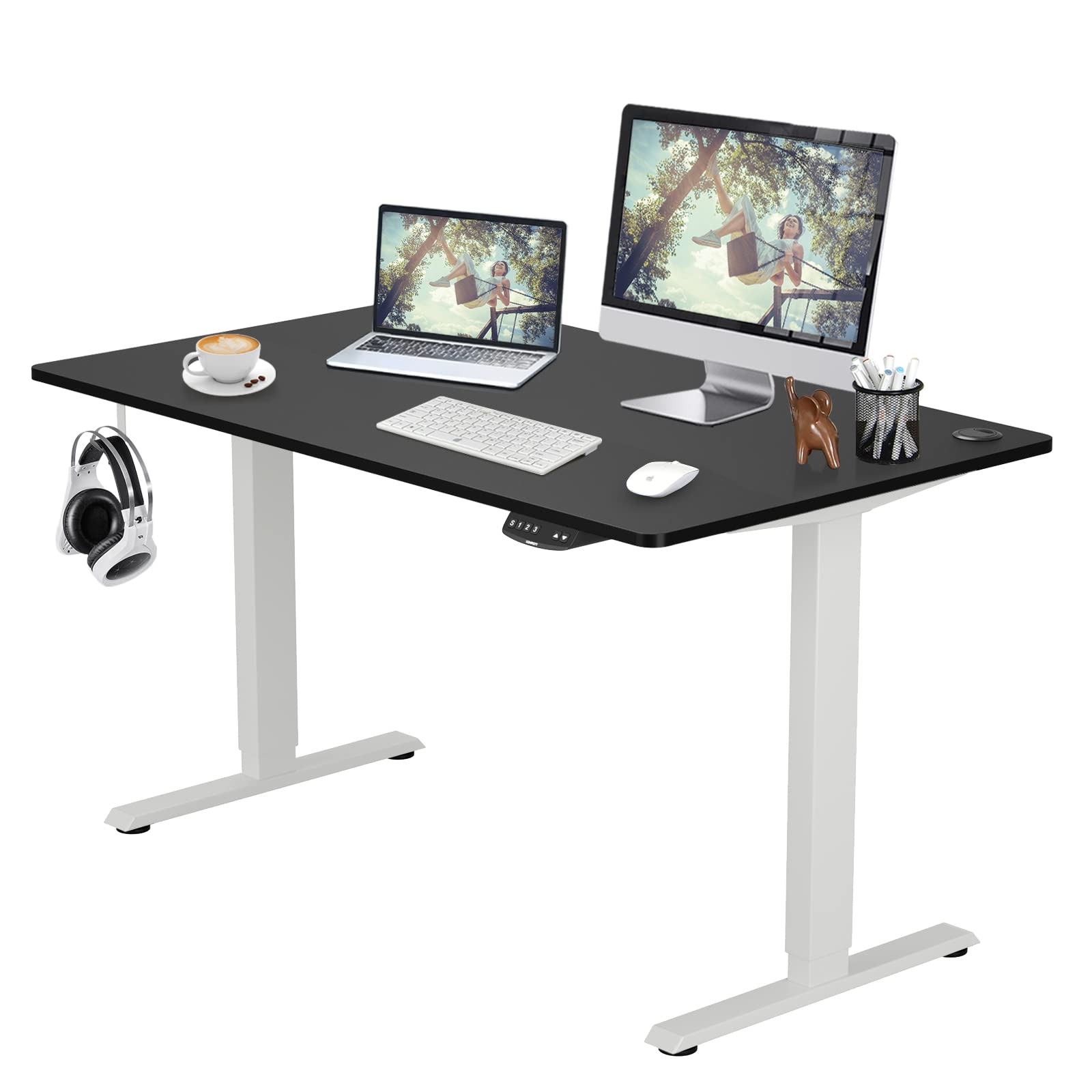 COSTWAY Dual Motor Electric Stand Up Desk, Height Adjustable Standing Desk w/Solid One-Piece Desktop & Memory Controller, Home Office Sit-to-Stand Computer Workstation (White + Black, 48''X30'')