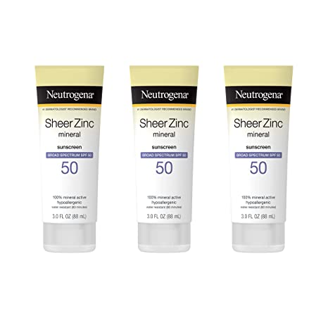 Neutrogena Sheer Zinc Oxide Dry-Touch Mineral Sunscreen Lotion, Broad Spectrum SPF 50 UVA/UVB Protection, Water-Resistant, Hypoallergenic and Non-Greasy, Paraben-Free, 3 fl. oz, Pack of 3